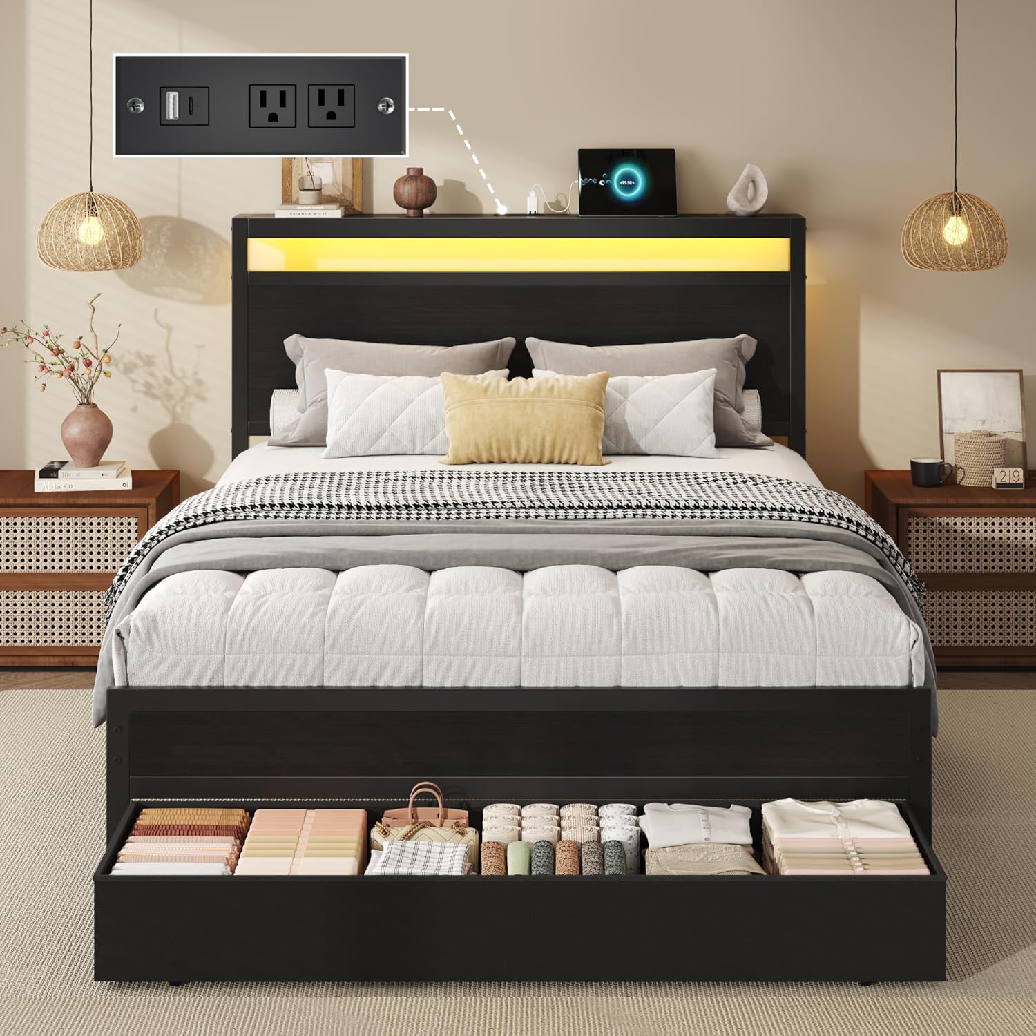 HISOFT Twin Bed Frame with Storage, Wood Headboard with Fast Charging Station, LED Lights, Platform Bed Frame Twin Size, Fabric Drawers with Wheels, No Box Spring Needed, Noise Free, Classic Black