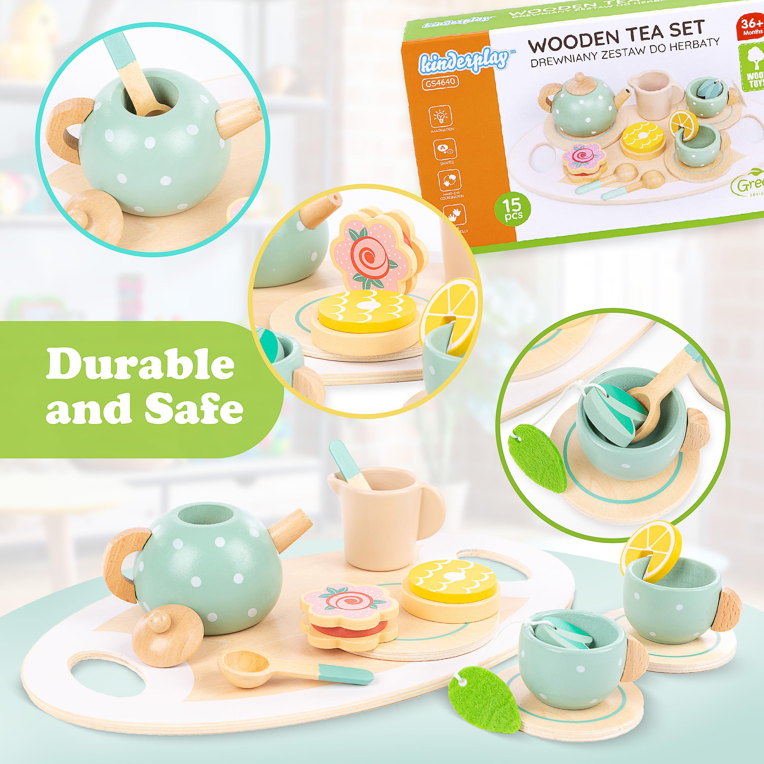 Kinderplay Servizio da Tè in Legno per Bambini – Set 15 Pezzi con Vassoio – Gioco di Imitazione per Tea Party – Accessori Cucina 3+ Anni