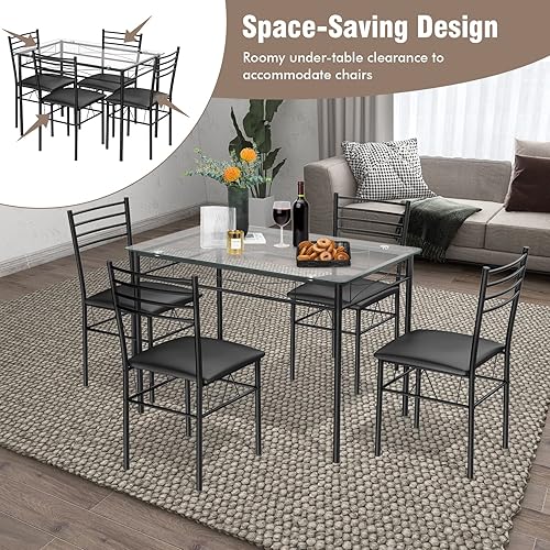 Miniatura 6 de Tangkula Juego de mesa de comedor, 5 piezas con mesa superior de vidrio templado y 4 sillas, muebles de cocina y comedor, color negro Negro
