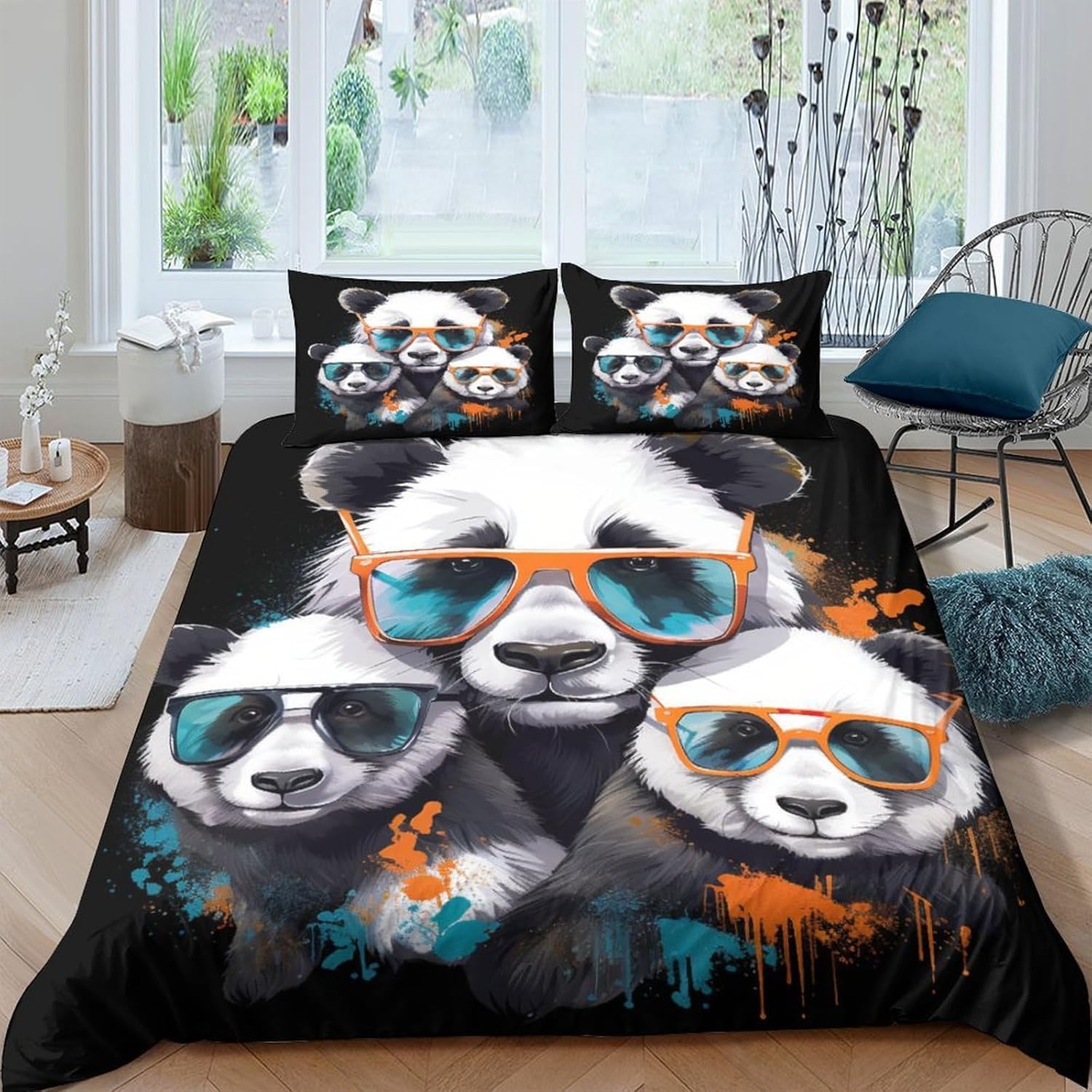 Housse de couette pandas 3D microfibre parure lit fermeture glissière