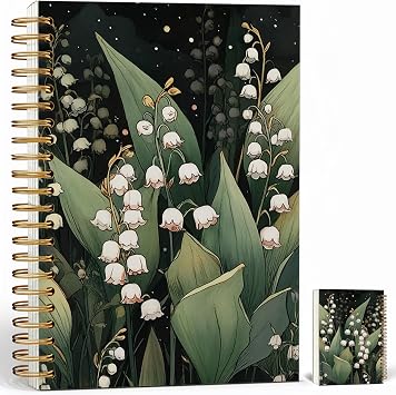 Journaling Notebooks for Women, Lily of the Valley Flowers Notebook - Vintage Dark Botanical Floral Notebook Journal Gifts, Lined Paper, A5 Spiral Journal Notebook Office Supplies Gifts for Women Birthday Graduation Christmas White Flowers