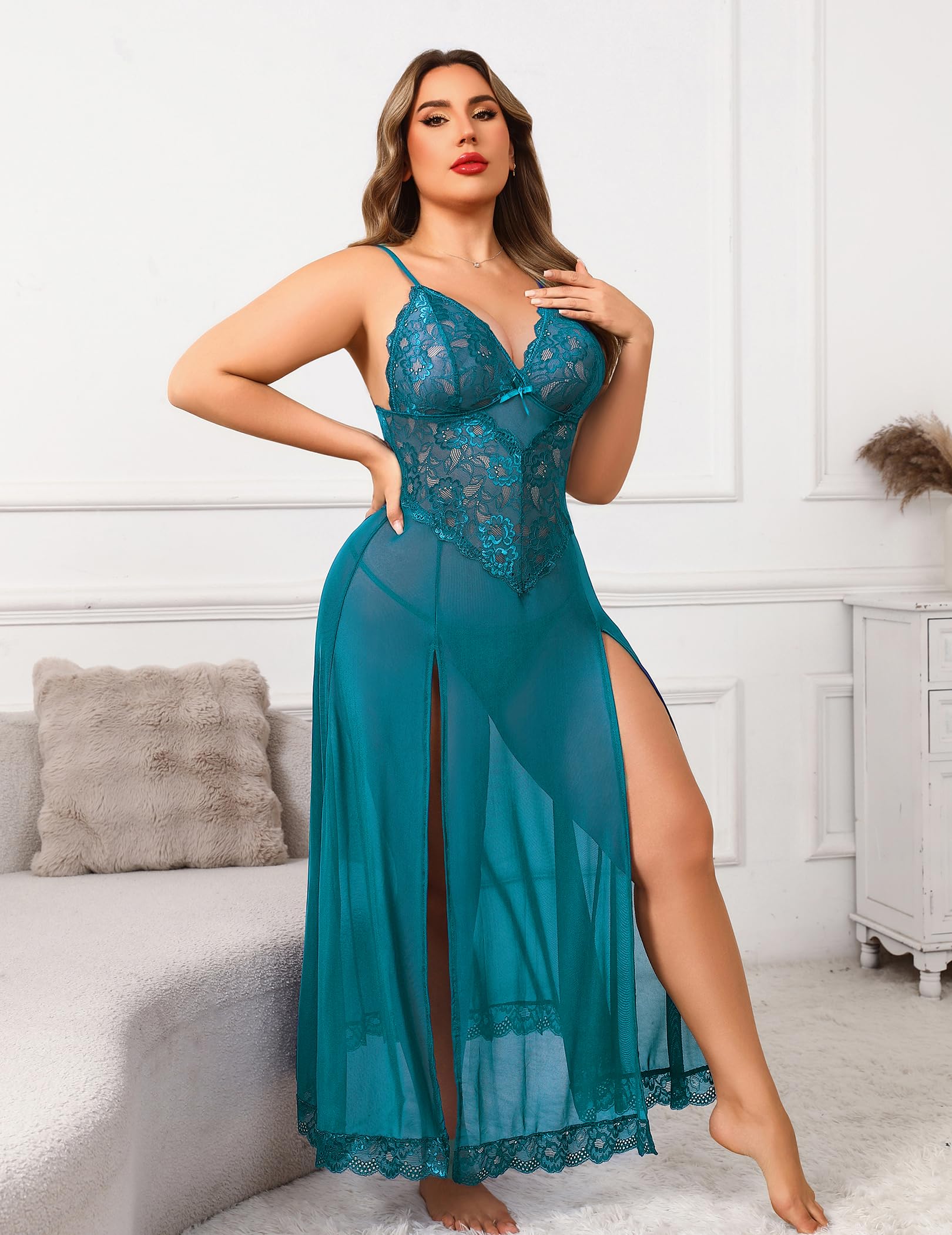 Avidlove Plus Size Lingerie for Women Sexy Lace Babydoll Long Lingerie Dress Side Split Nightgown: Blue Green X-Large