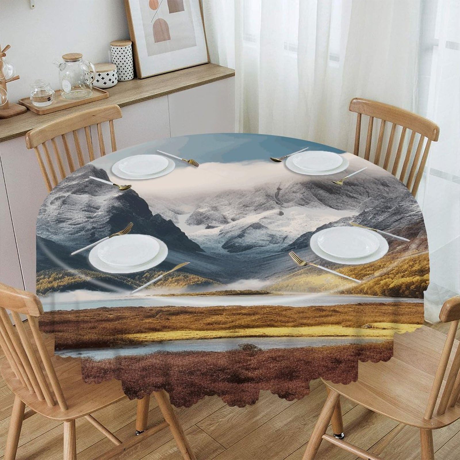LZQPOEAS Travel Mountain Scenery Round Tablecloth Rustic Circle Table Cloth Wrinkle Resistant Decor Tablecloth Waterproof Washable Table Cover for Kitchen Party Dining Table 60 Inch