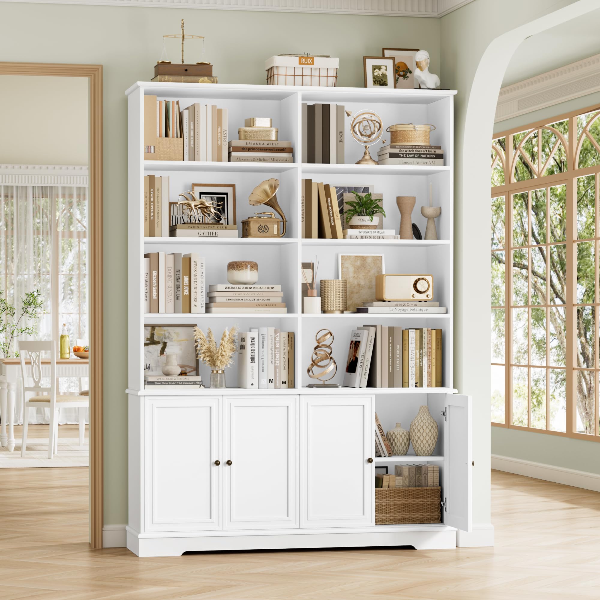 FirFurd 185cm Bücherregal mit Türen Bücherschrank mit 12 Fächern Vitrinenschrank aus Holz Hochschrank Regal mit Türen für Wohnzimmer Arbeitszimmer Büro Küche 185 x 27 x 120cm Weiß