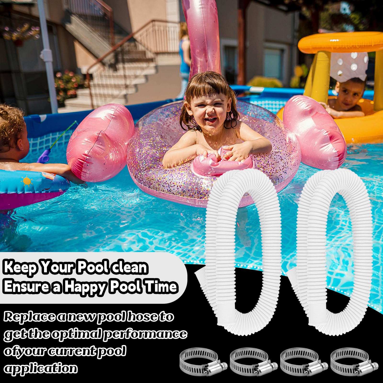 Pool Schlauch, 2 Stück Poolschlauch 32mm für Poolpumpen, 150cm Poolschläuche Spiralschlauch 32mm, Pool Zubehör Schlauch mit 4 Sicherungsclip, Schwimmmen Pools Schlauch Zubehör Pool-Pumpe/Filter