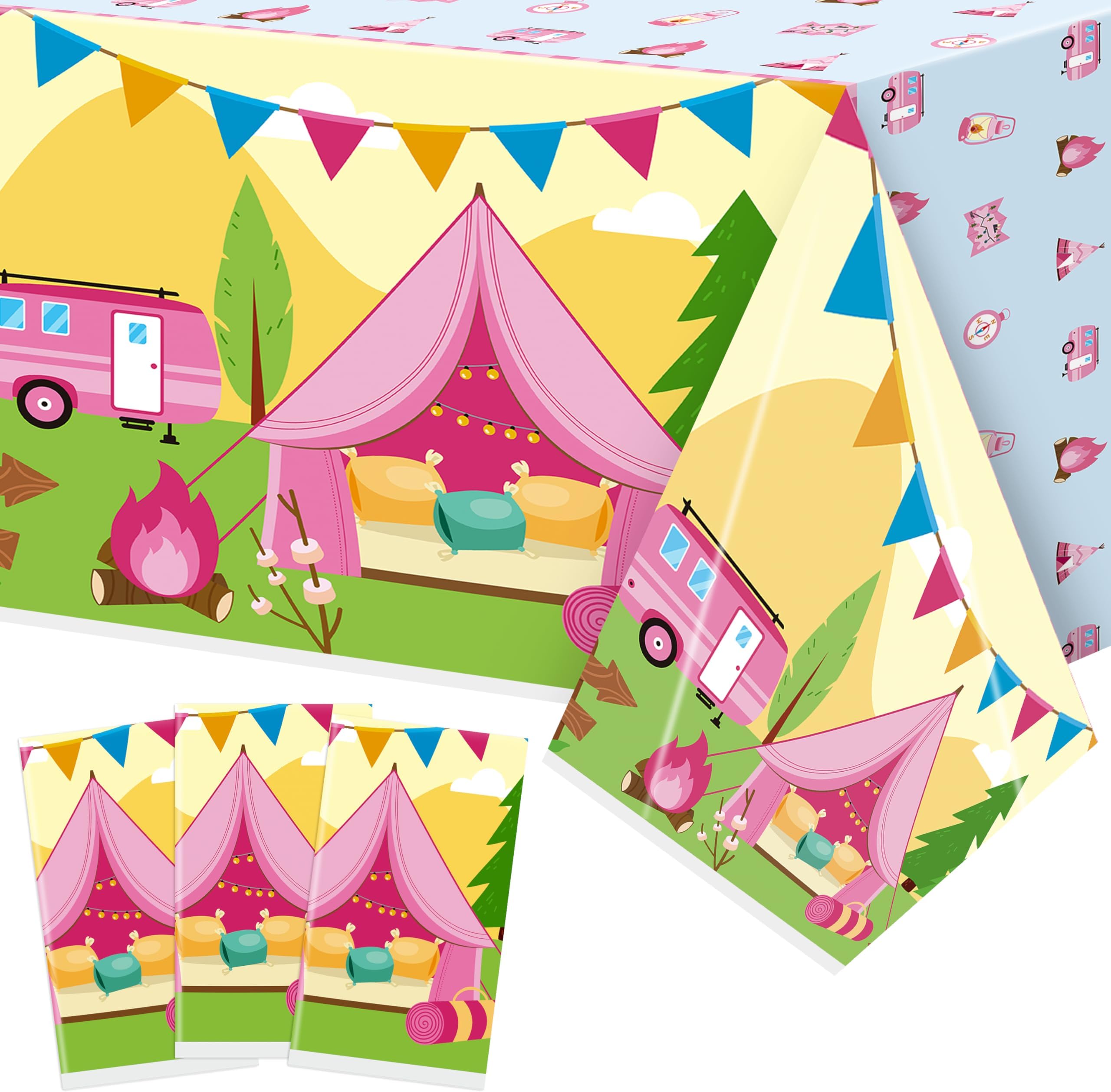 3 Pack Pink Camping Themed Disposable Table Cover Party Decor