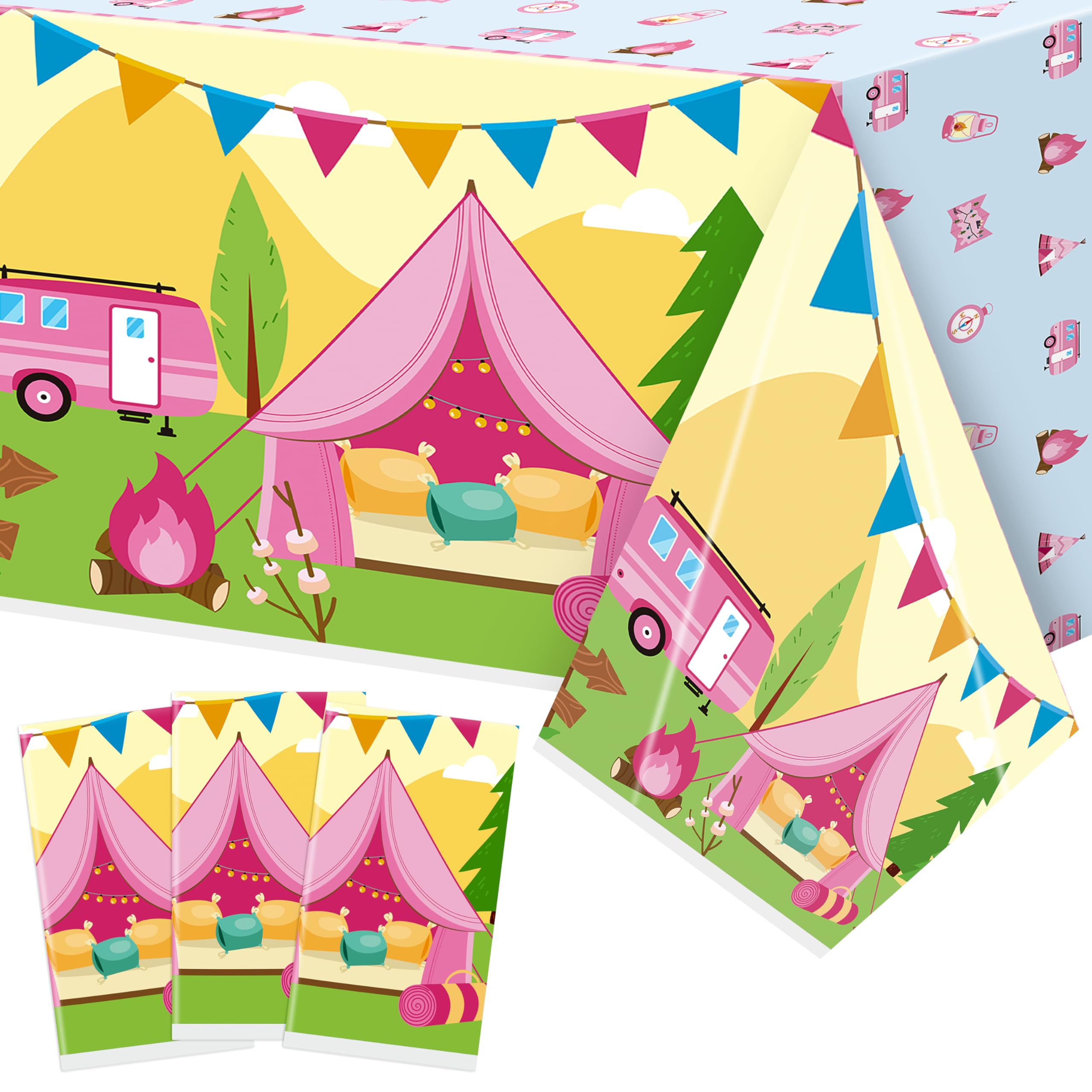 3 Pack Pink Camping Themed Disposable Table Cover Party Decor