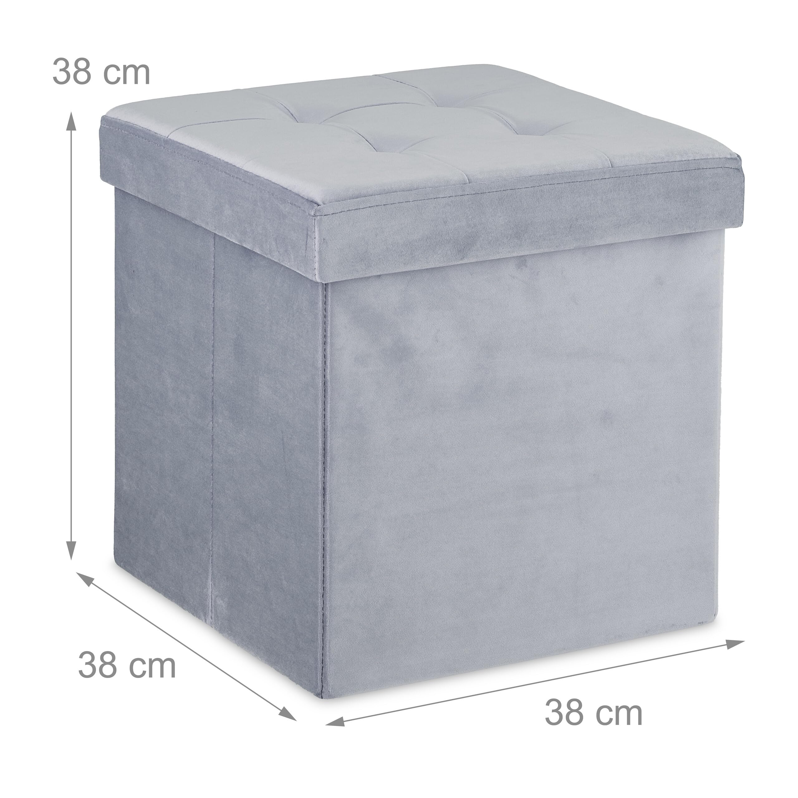 Relaxdays poef met opbergruimte, fluweel, gepolsterde zithocker, opvouwbaar, 38 x 38 x 38 cm, vierkante hocker, grijs