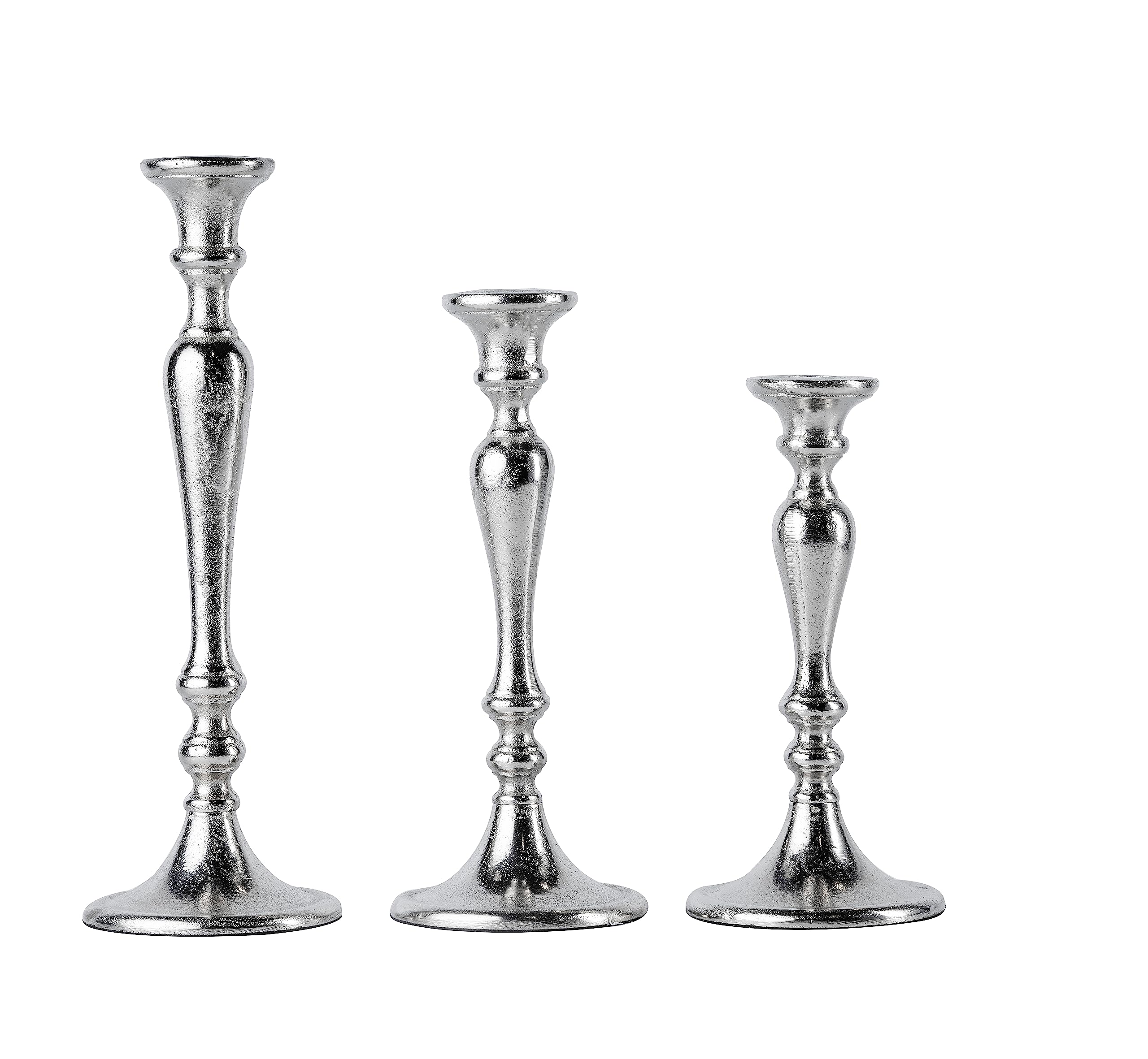 3er Set Kerzenständer Kerzenhalter Aluminium Silber Deko - Kerzenleuchter Modern für Stabkerzen - Tischdeko Hochzeit - Dekoration Wohnzimmer - H 23, 28 und 33 cm