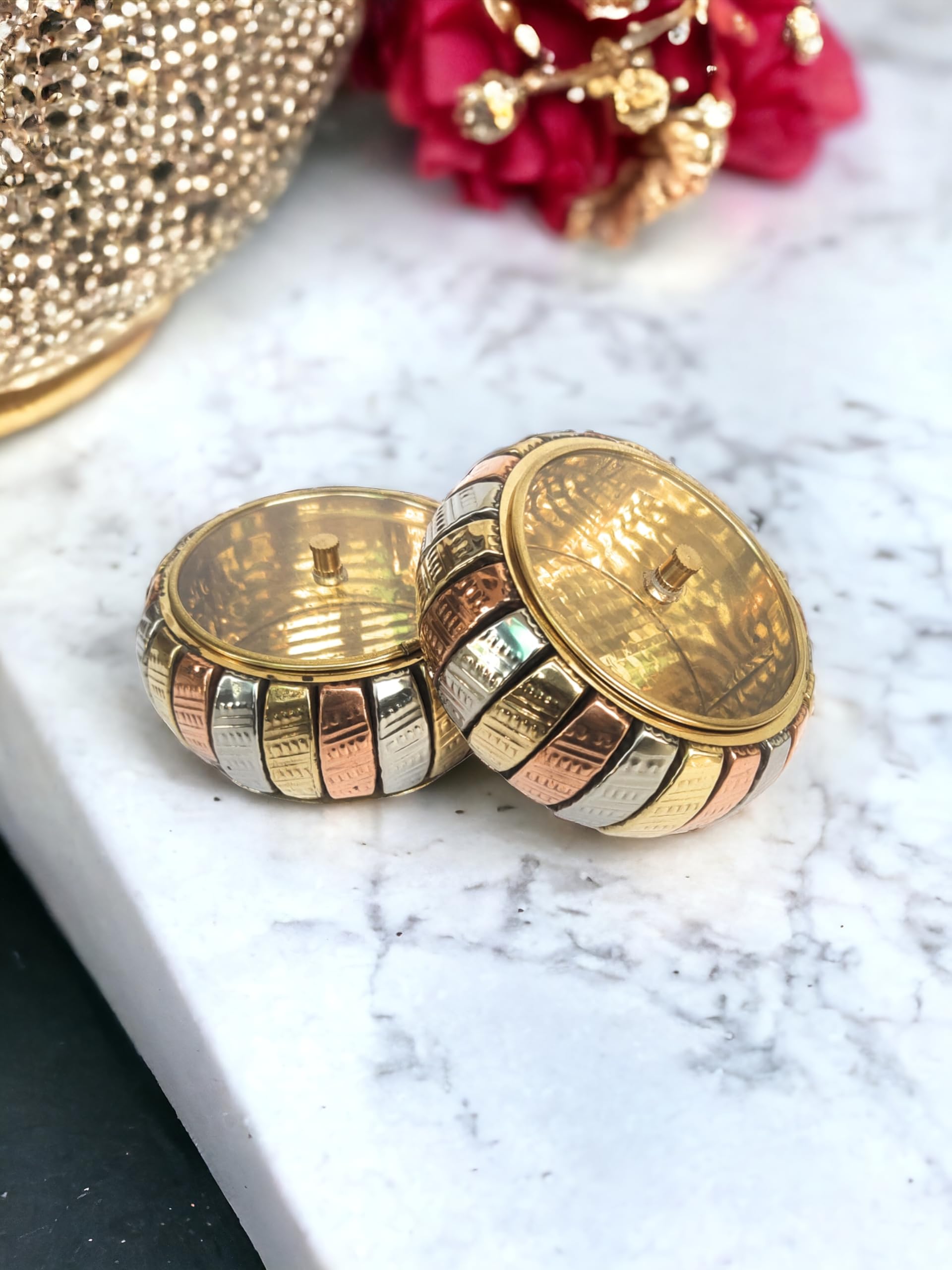 Blissful Decor presents-Brass -Pooja/Roli/Sindoor Dibb,i Kumkum Box, Sindoor Dani, Fancy Supari Dibbi, Earrings Box,Gold chain Box (Pack of 2) steel and copper look (B0D1XYS35B) Amazon Price History, Amazon Price Tracker