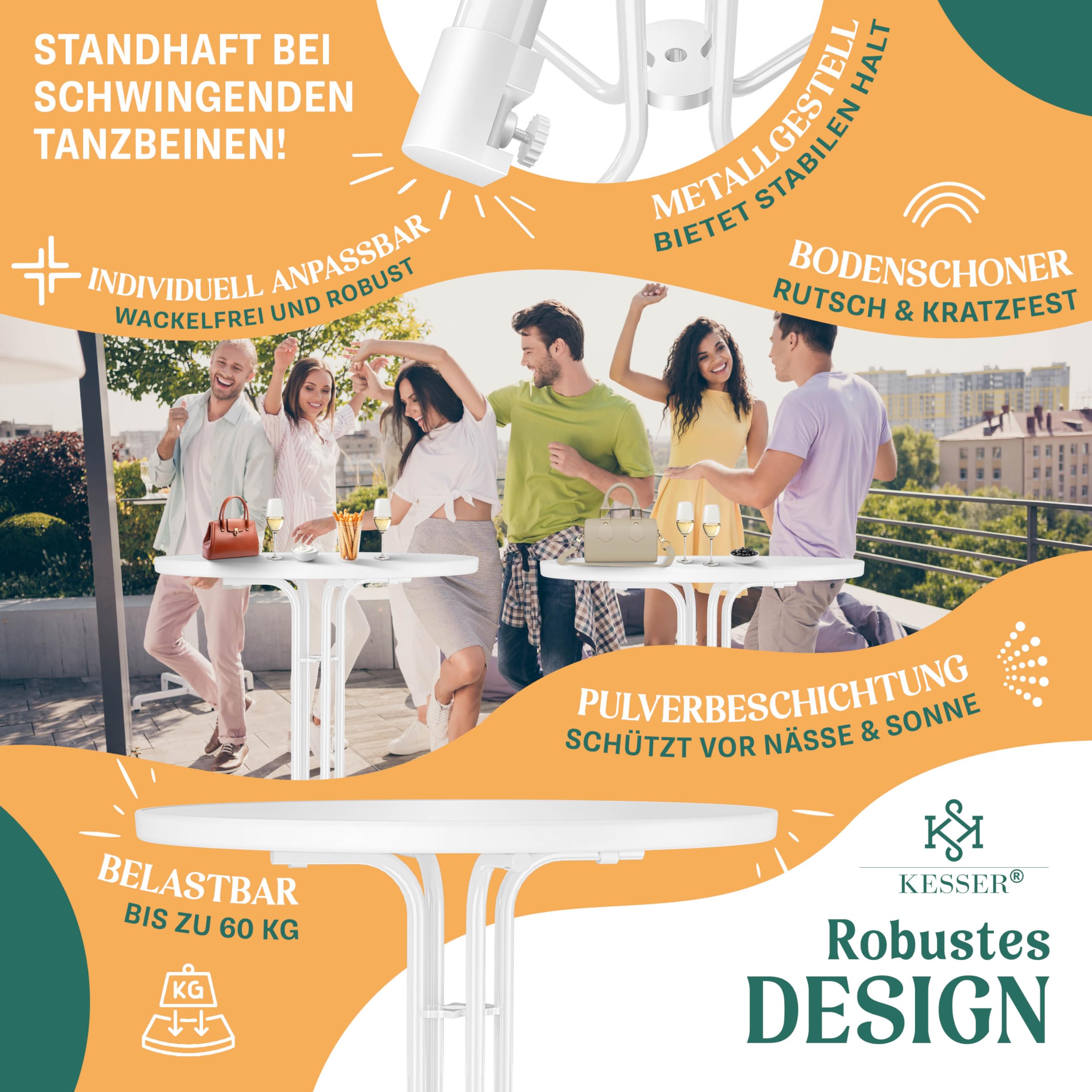 KESSER Juego de 2 mesas de bar plegables para gastro, placa de acero inoxidable con revestimiento de polvo, patas ajustables en altura, diámetro de 60 cm, para interior y exterior, mesa de recepción