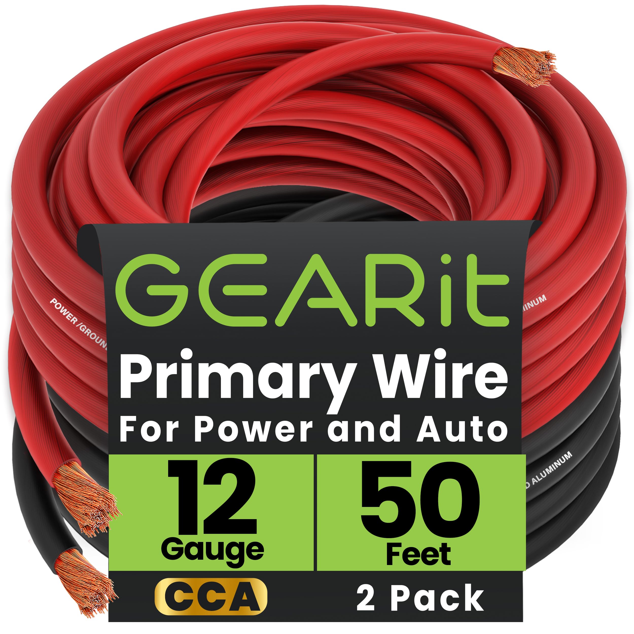GEARit12 Gauge Wire (50ft Each - Black/Red) Copper Clad Aluminum CCA - Primary Automotive Power/Ground for Battery Cable, Car Audio, Trailer Harness, Electrical - 100 Feet Total 12ga AWG Wire