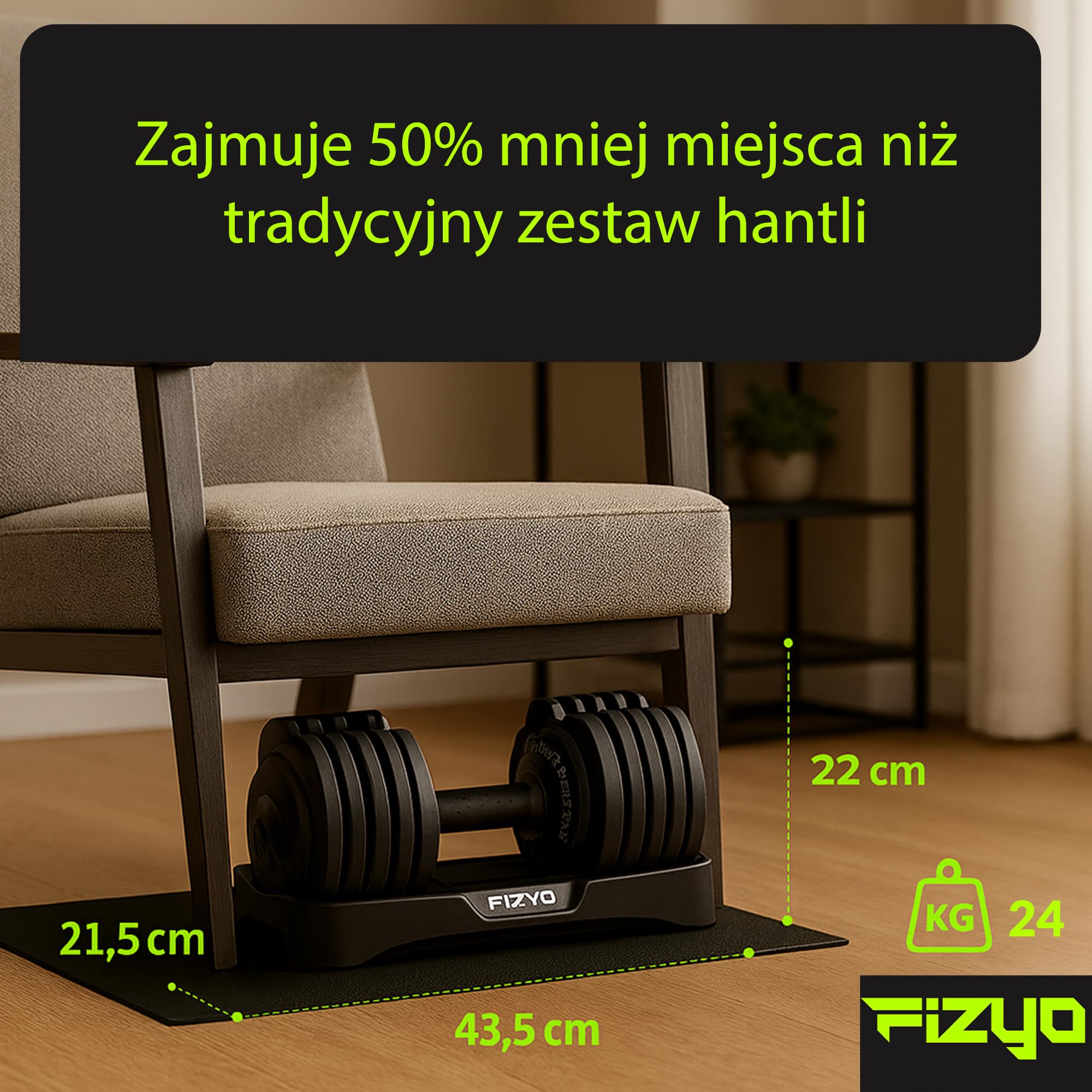 FIZYO Regulowany Hantel – Do Treningu Siłowego w Domu | Do Ćwiczeń i Treningu Siłowego, Szybka Zmiana Obciążenia, Kompaktowa Hantla do Domowej Siłowni z Podstawką