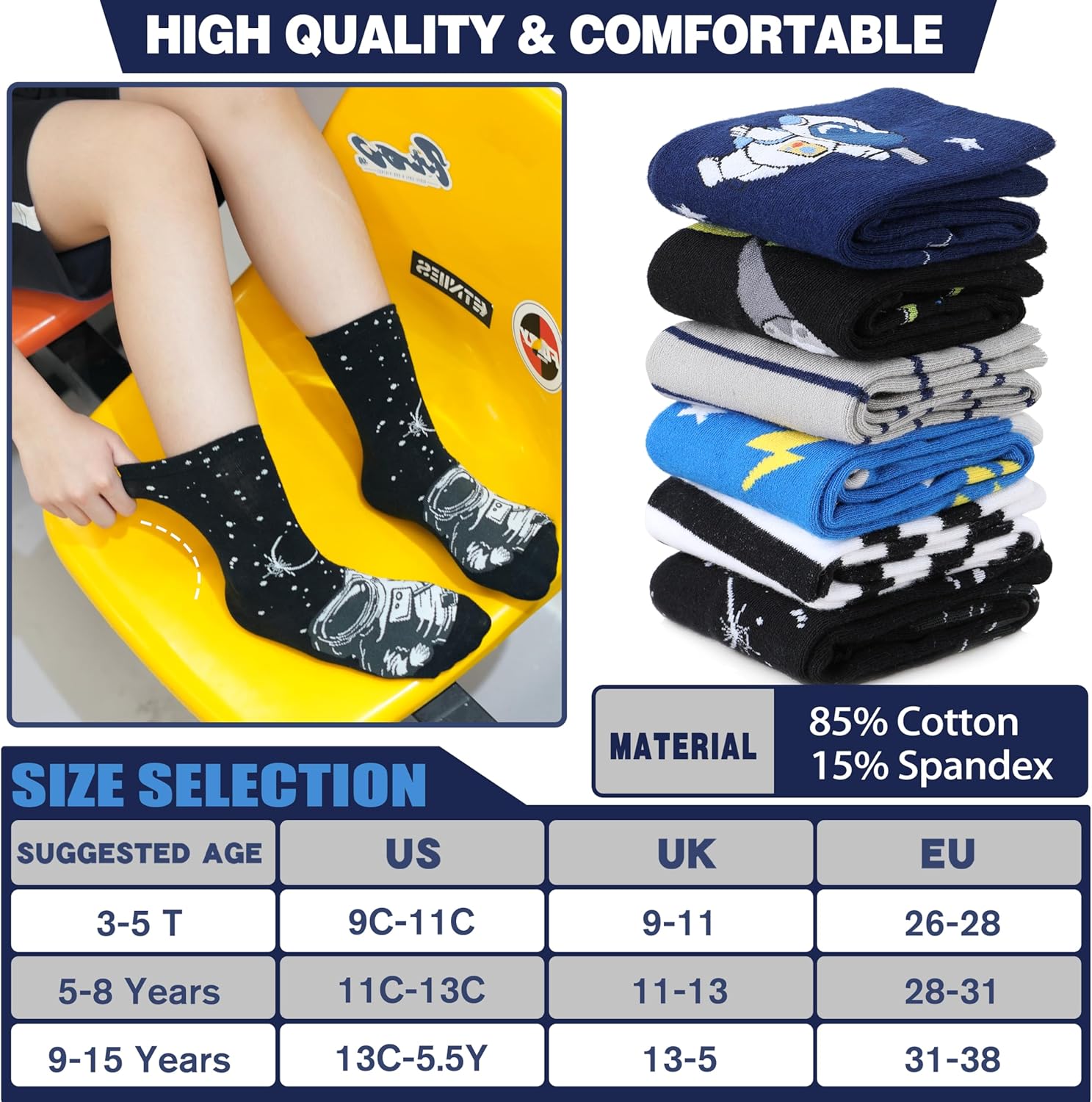 Kids Boys Fun Cotton Crew Socks Funny Crazy Cartoon Novelty Space Trucks Star Dress Socks 6 Pairs - Image 3