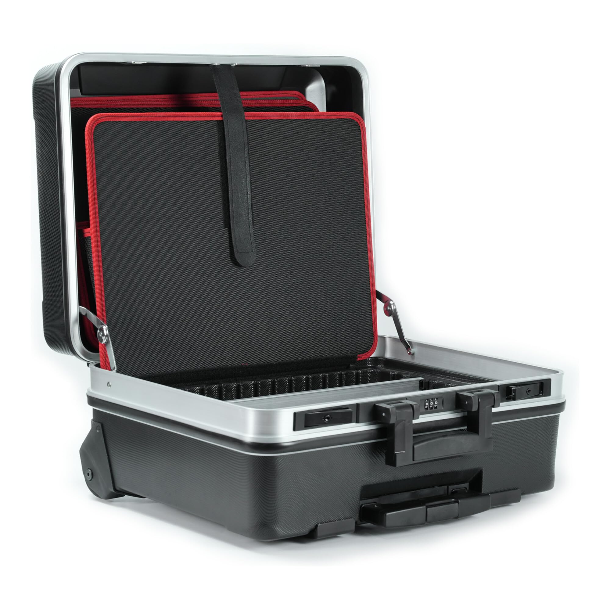 Valigetta portautensili STIER trolley vuoto, robusta valigetta trolley con plastica ABS e alluminio, Toolbox nera con ruote incluse serrature di sicurezza, pratiche tasche per utensili