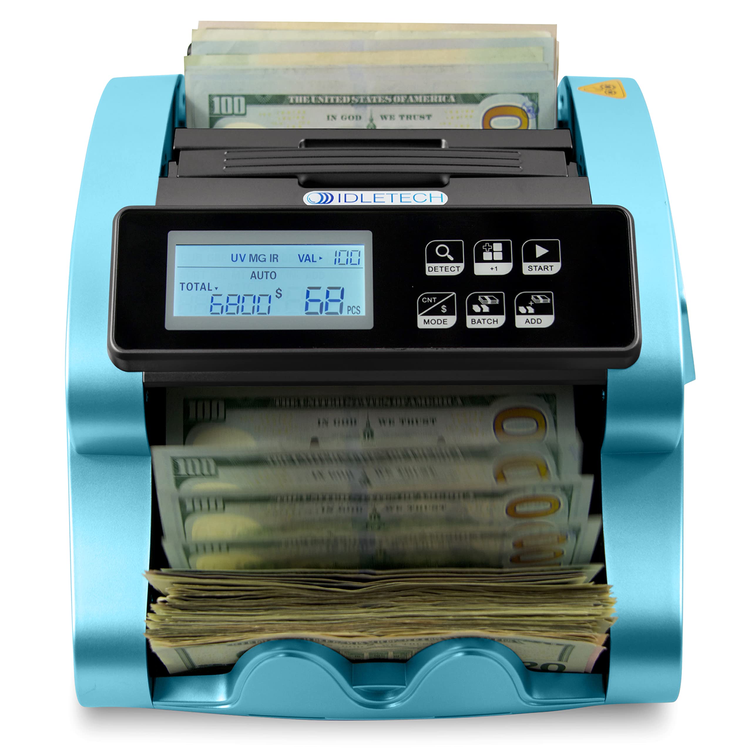 Idletech BC-1100 Money Counter Machine with labeled parts: Hopper, Feed Gap Adjuster, Carrying Handle, Touch Panel, LCD Screen, Smooth Feeding, Stacker, Static Discharge, Selected Denomination, Number of Counted Bills, Total Value of Counted Bills.