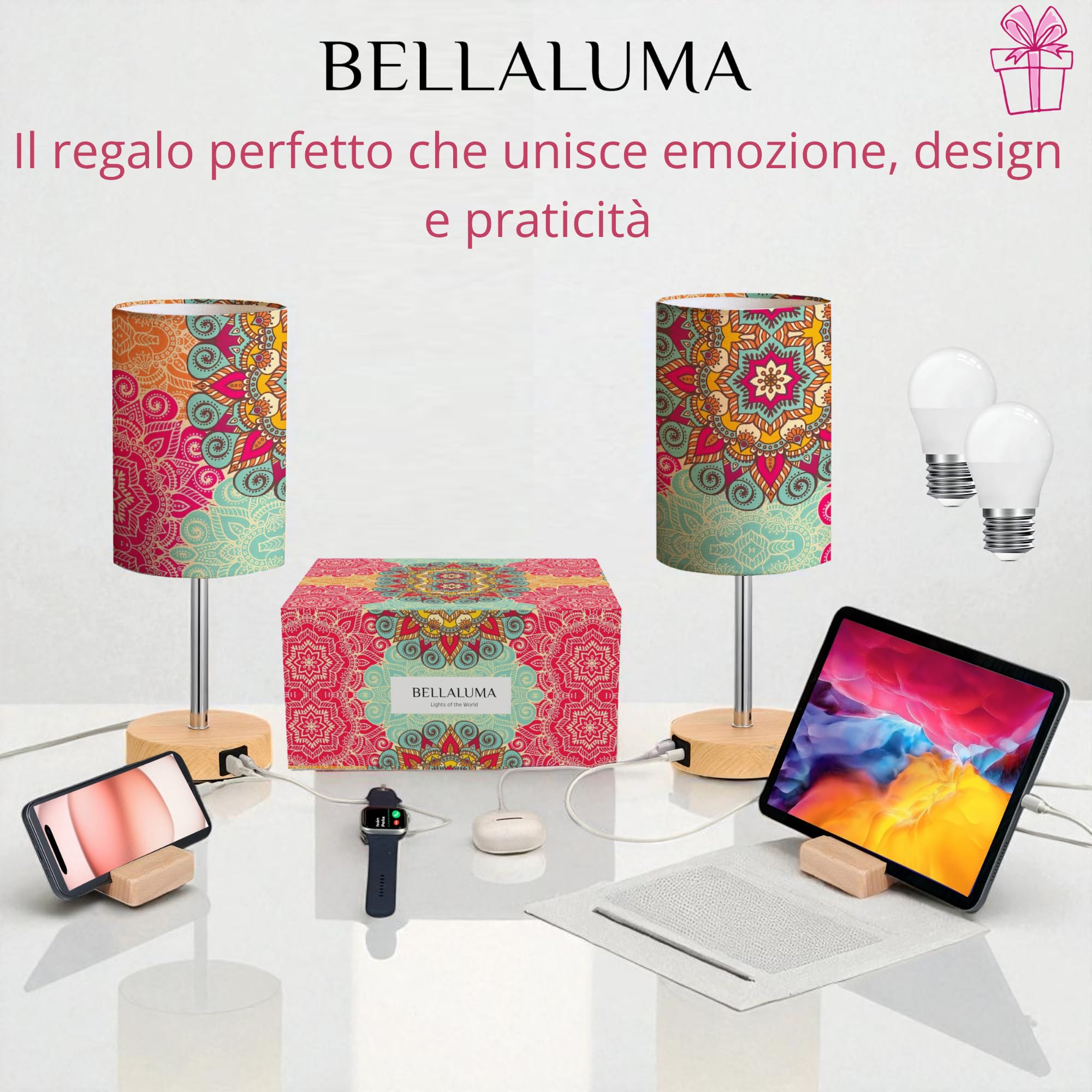 Set 2 Lampade da Comodino Touch LED con Porta USB, Abat Jour Moderne Dimmerabili 3 Livelli, Lampade Camera da Letto o Salotto, Lampadine Incluse, Regalo Premium Design (2 pezzi Bohémien)
