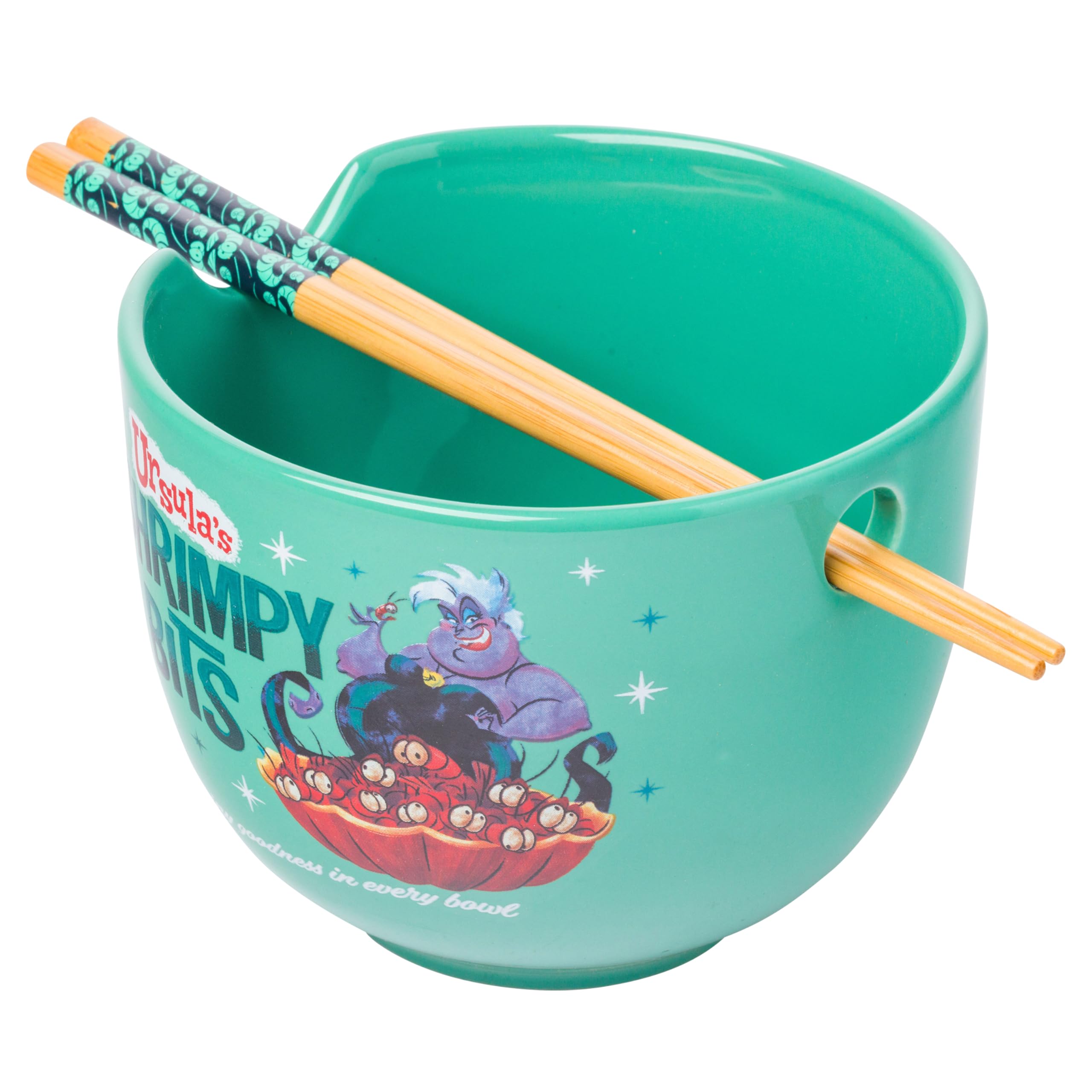 Disney Villains Little Mermaid Ursula's Shrimpy Bits Ceramic Ramen Noodle Rice Bowl with Chopsticks, Microwave Safe, 20 Ounces, Little Mermaid Ursula's Shrimpy Bits