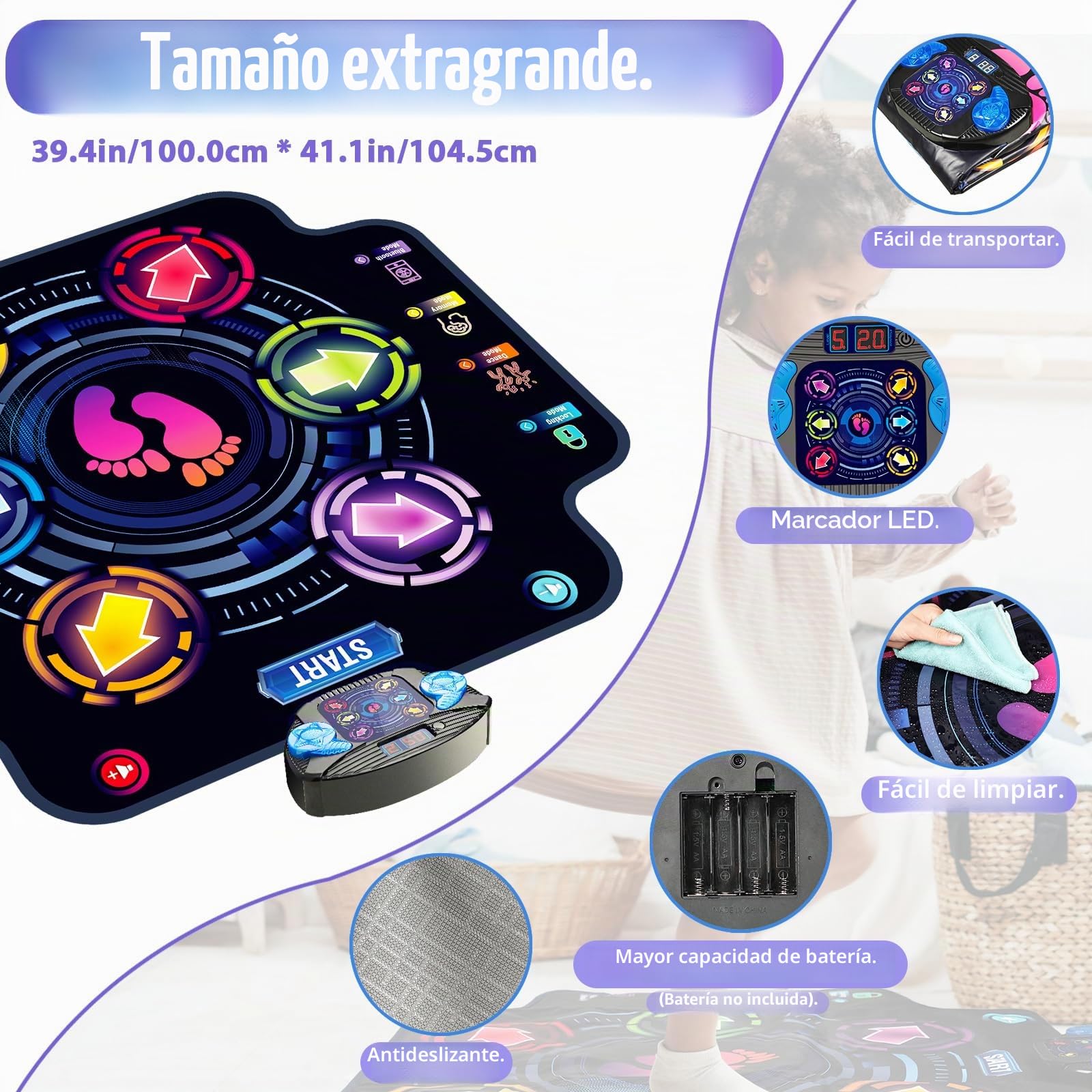 Alfombra de Baile para Niños 3+ Años, Almohadilla de Baile Iluminada con Bluetooth Inalámbrico 5 Velocidades 9 Niveles Alfombra Musical para Niño, Juguete para Niñas Niños 3 4 5 6 7 8 9 10+ Años