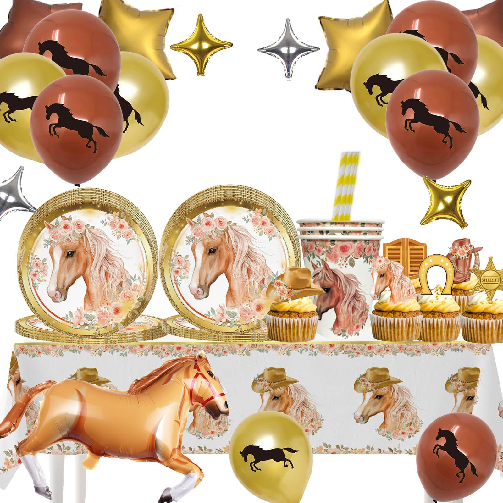 Aszaui 96 Piezas Caballo Vajilla para Fiestas de Cumpleaños Infantiles,Decoración de Cumpleaños de Caballo para Niños y Niñas,Incluye Platos, Vasos y Mantel,16 Invitados