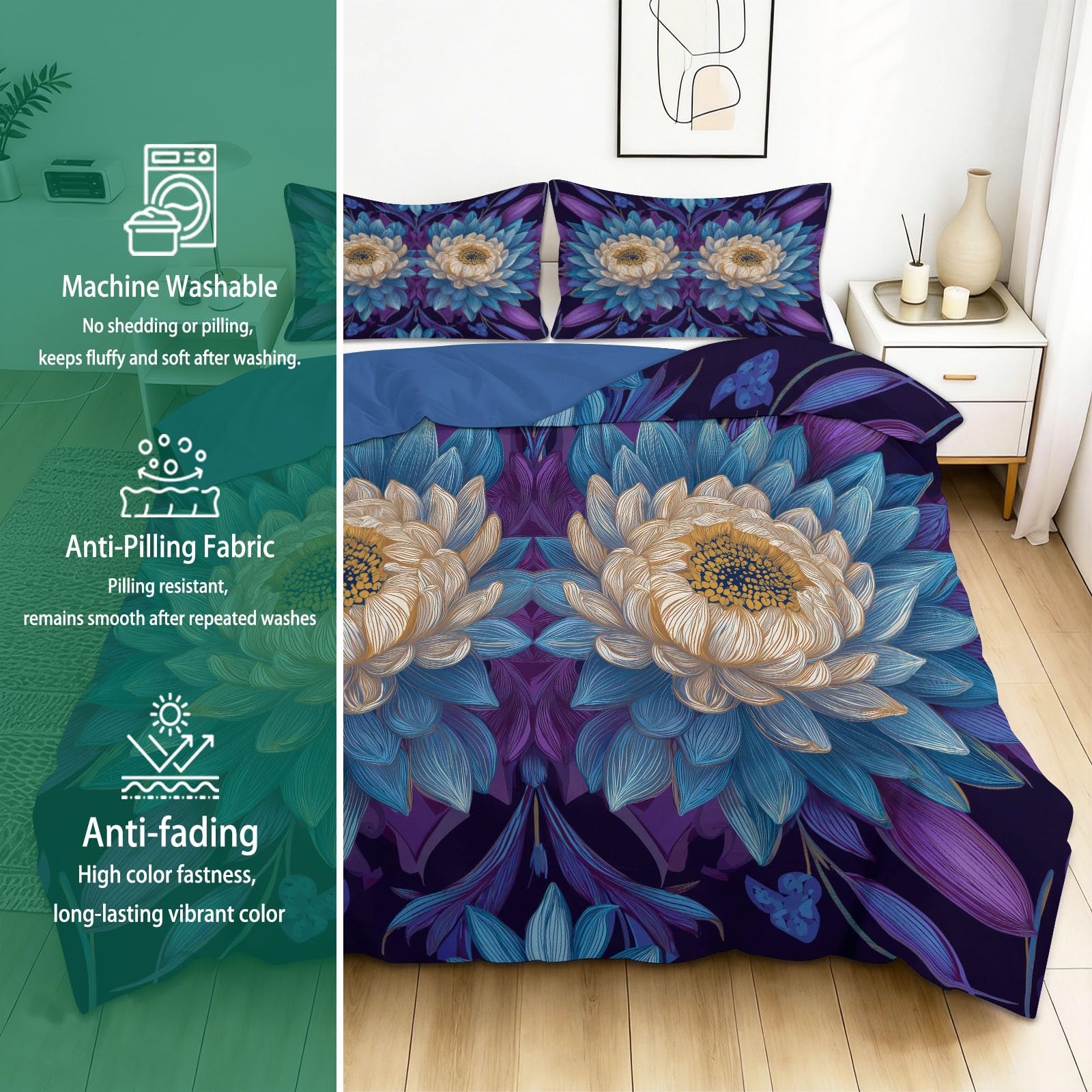 Fioletowa poszewka na kołdrę 150 x 220 cm geometria kwiatowa mandala 3-częściowy zestaw pościeli z miękkiej mikrofibry – odporny na zagniecenia - komplet pościeli z zamkiem błyskawicznym - pościel do