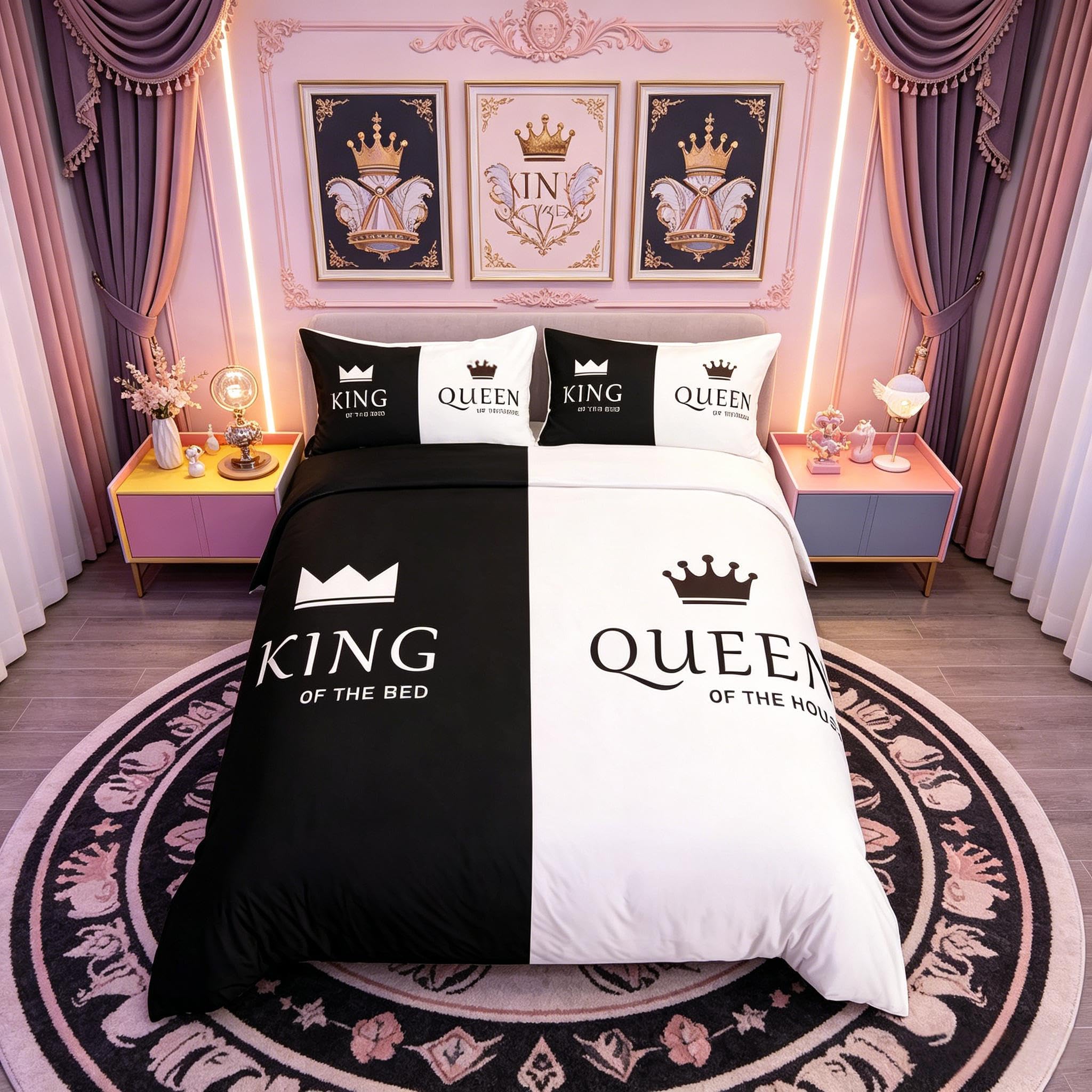 Loussiesd Crown Queen and King Comforter Cover His and Hers Matching Couple Bedding Set Lover Romantic Valentine's Day Presents Duvet Cover Black and White Bedding & Linen Bedclothes Junior/Cot Bed