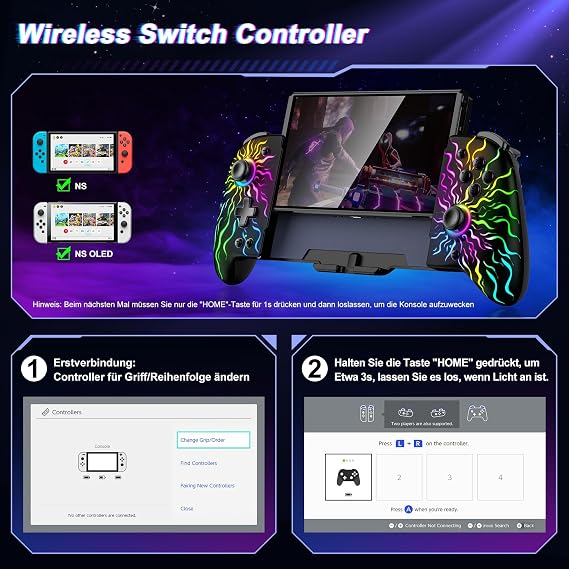 Elegamefy Switch Controller for Nintendo Switch/OLED Accessories Handheld Mode Updated Joystick (Drift-Free) Wireless One-Piece Joypad Controller with Large Grip/Programmable