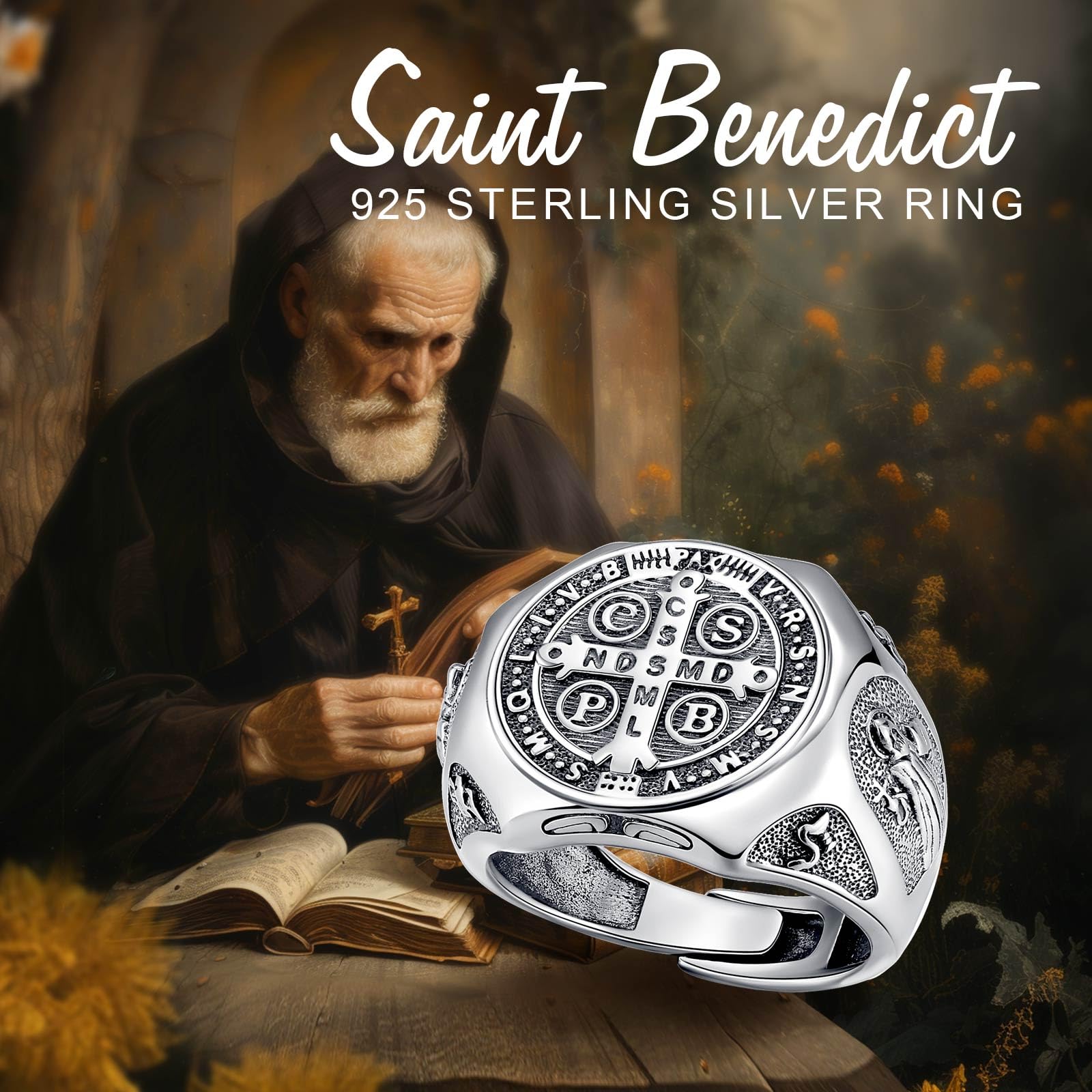 S925 S925 S925 pierścionek ze srebra próby 925, regulowany pierścionek z amuletem św. Benedykta, biżuteria chrześcijańska, prezenty