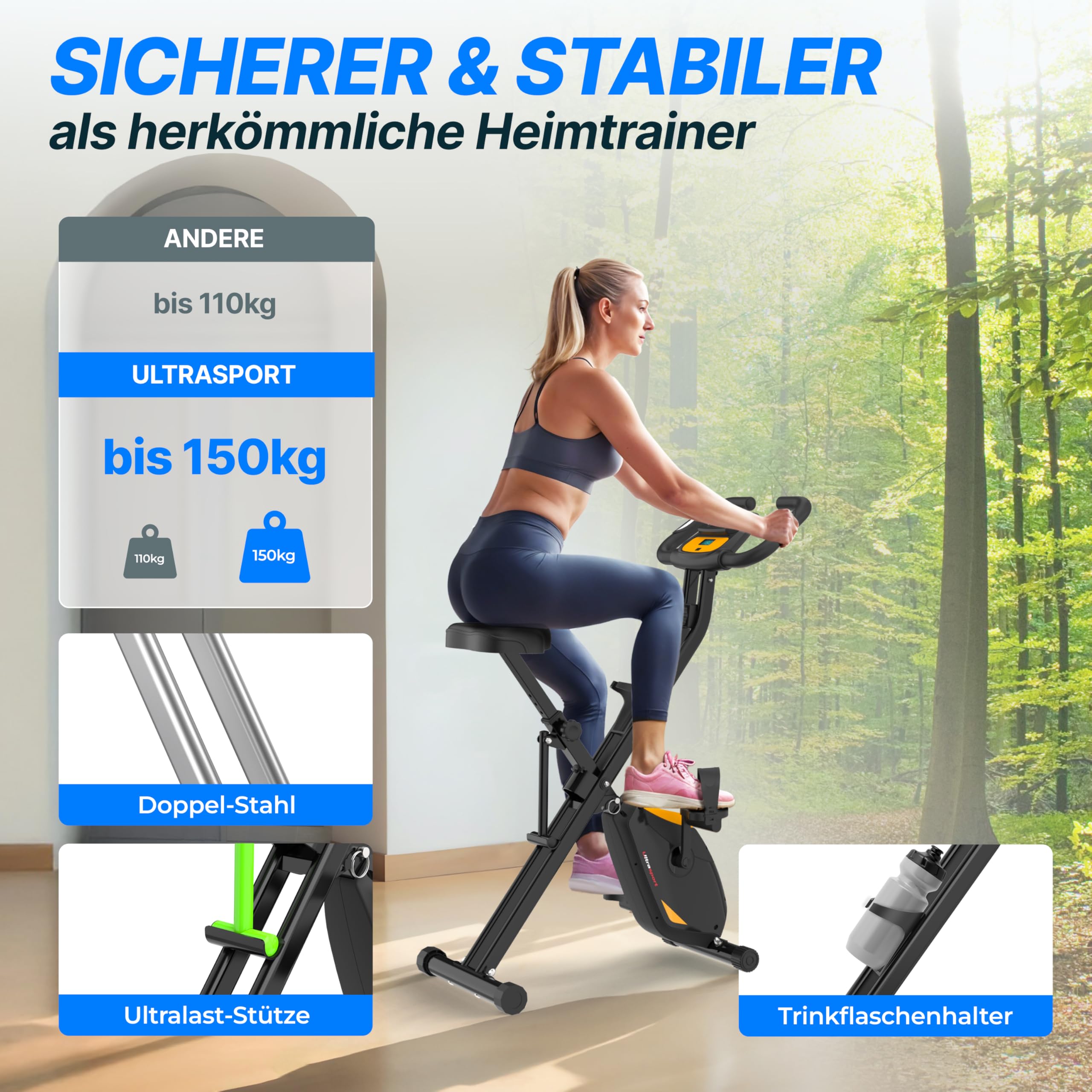 Ultrasport F-Bike Pro Cyclette da Casa Pieghevole I Cyclette Pieghevole da Casa fino a 150 KG con 16 Livelli, Sella Extra Confortevole, Funzione App, LCD Display e Sensori, Cyclette da Camera