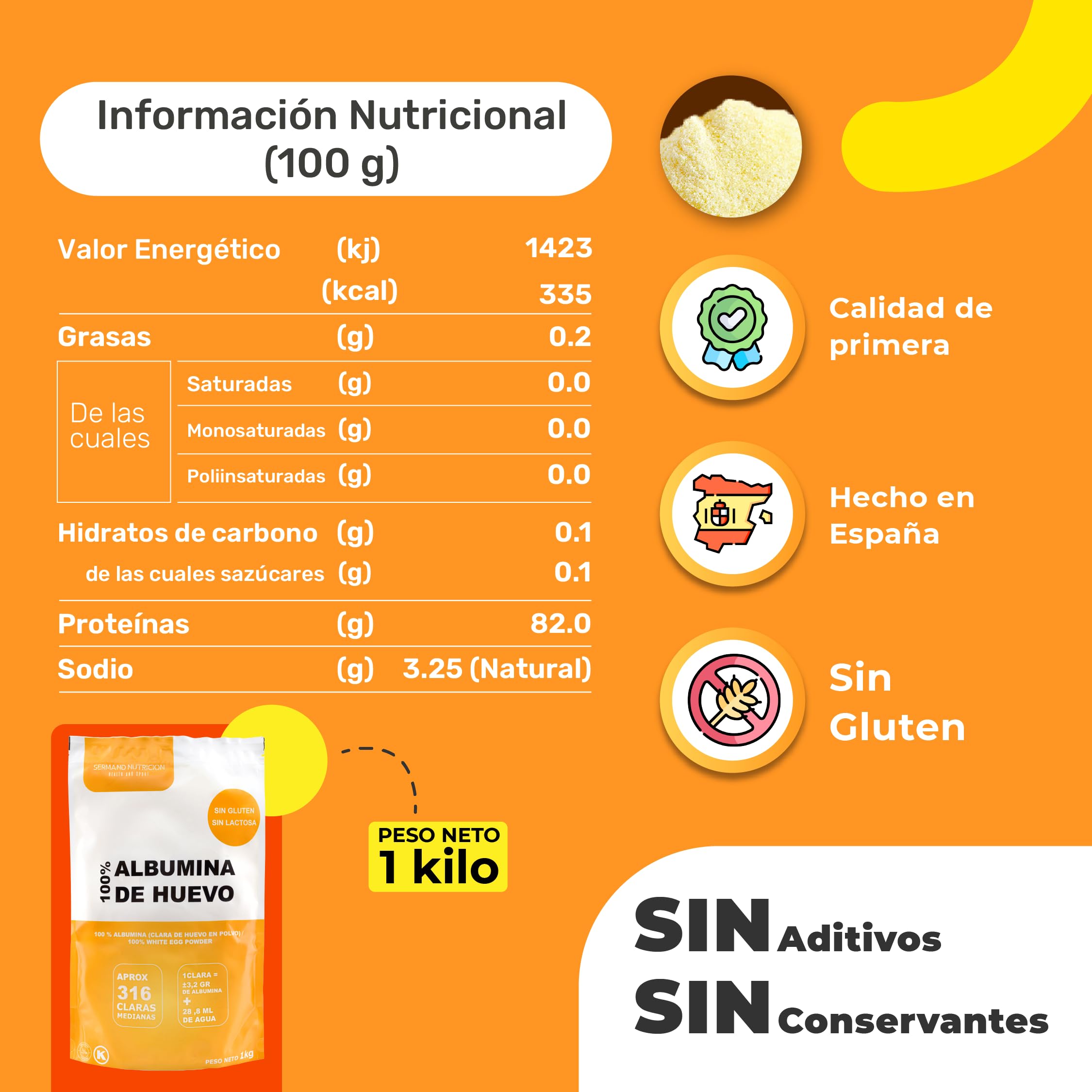 Eipulver aus Freilandeiern (1 kg) | Albumin | Pasteurisiertes Eiweiß | Getrocknetes Eiweißpulver | Laktosefrei | Glutenfrei | Vakuumverpackt
