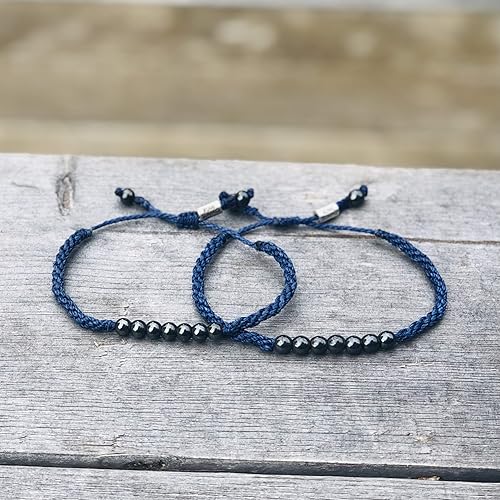 Miniatura 6 de Indigo Blue Beaded Friendship Bracelet with Lucky 7 Hematite Stones for Men and Women - Handmade Macrame Knot Sailor Surfer Rope Bracelets by Rumi