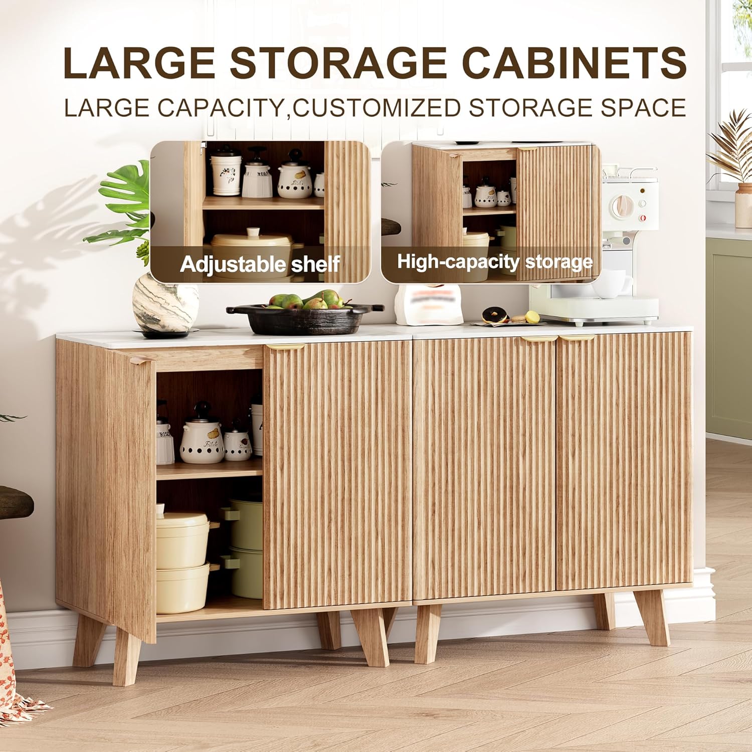 Buffet Cabinet, Fluted Sideboard Cabinet with Doors, Coffee Bar Cabinet, Wooden Cabinet, Entryway Cabinet for Living Room, Wood Storage Cabinet with Adjustable Shelf for Entryway, Hallway