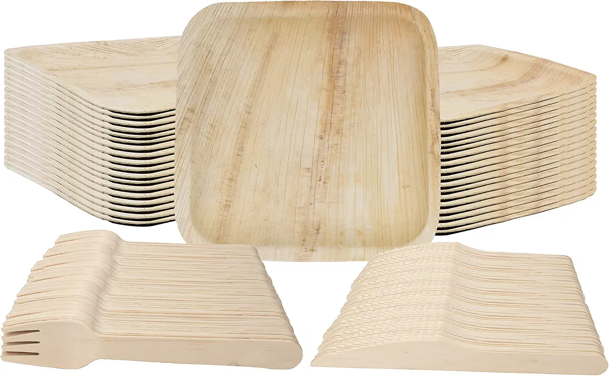 Upper Midland Products 150 Piece Set, Biodegradable Plates Forks and Knives, Eco Friendly Disposable Palm Leaf Dinnerware, 50 Plates, 50 Wood Forks, 50 Knives