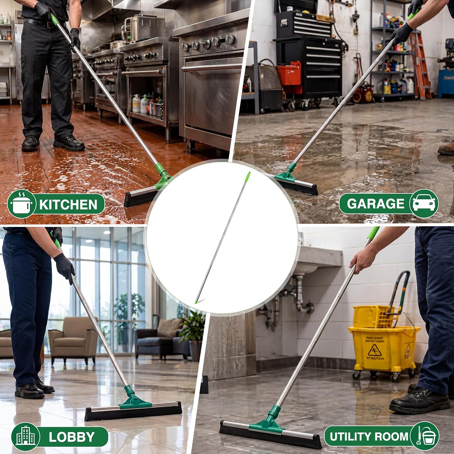 4 Pack 57.5-Inch Stainless Steel Floor Squeegee Replacement Handles, 3/4-Inch Acme Thread Poles with Non-Slip Grip and Hanging Cap for Commercial Cleaning, Green