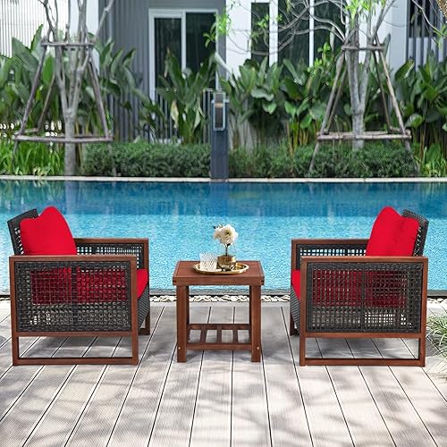 Miniatura 3 de Happygrill Juego de muebles de patio al aire libre de 3 piezas con mesa de café balcón porche bistró con marco de madera de acacia y cojines