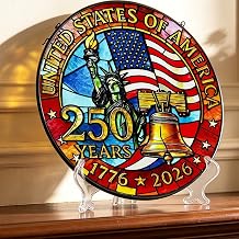 250 Anniversary USA Ornament for 4th of July Decorations 8 Inch Stained Glass Liberty Bell Suncatcher with Display Stand, 1776-2026 Independence Day Gift for Men Women Veterans & Patriots