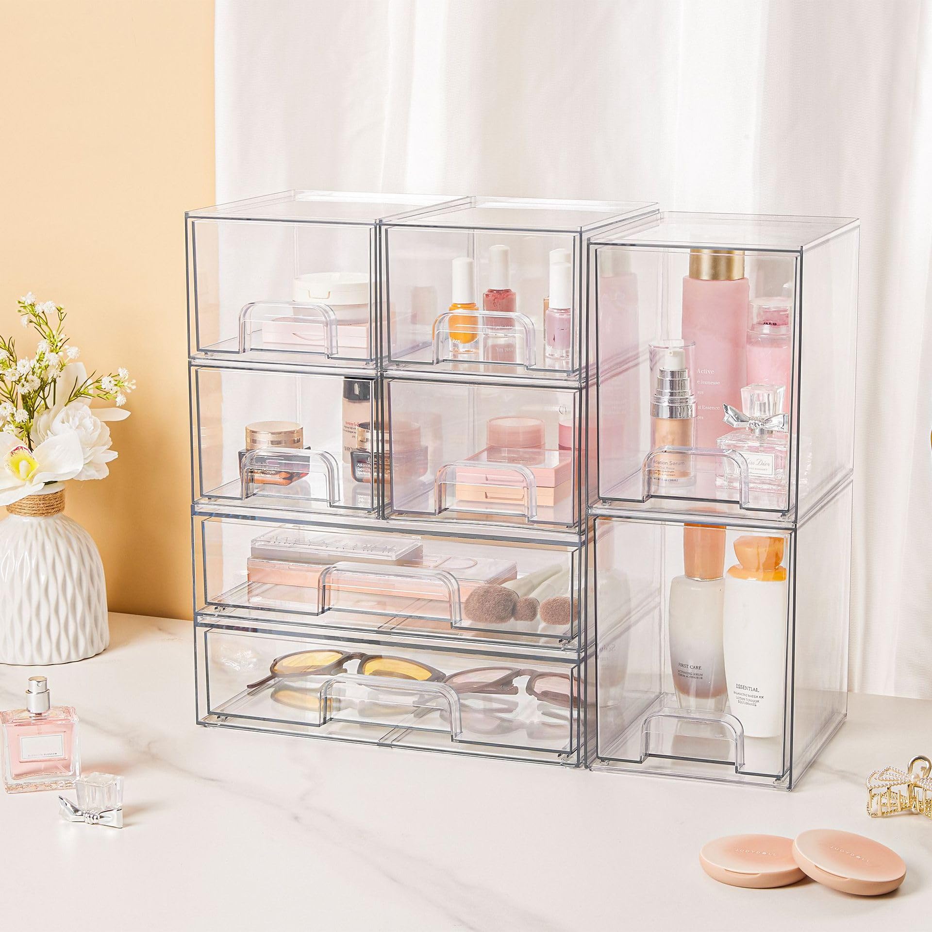 Paquete de 5 (1) organizador de cosméticos apilable de PET transparente con cajones sólidos, caja de almacenamiento de tocador de escritorio libremente combinable para botellas de cuidado de la piel