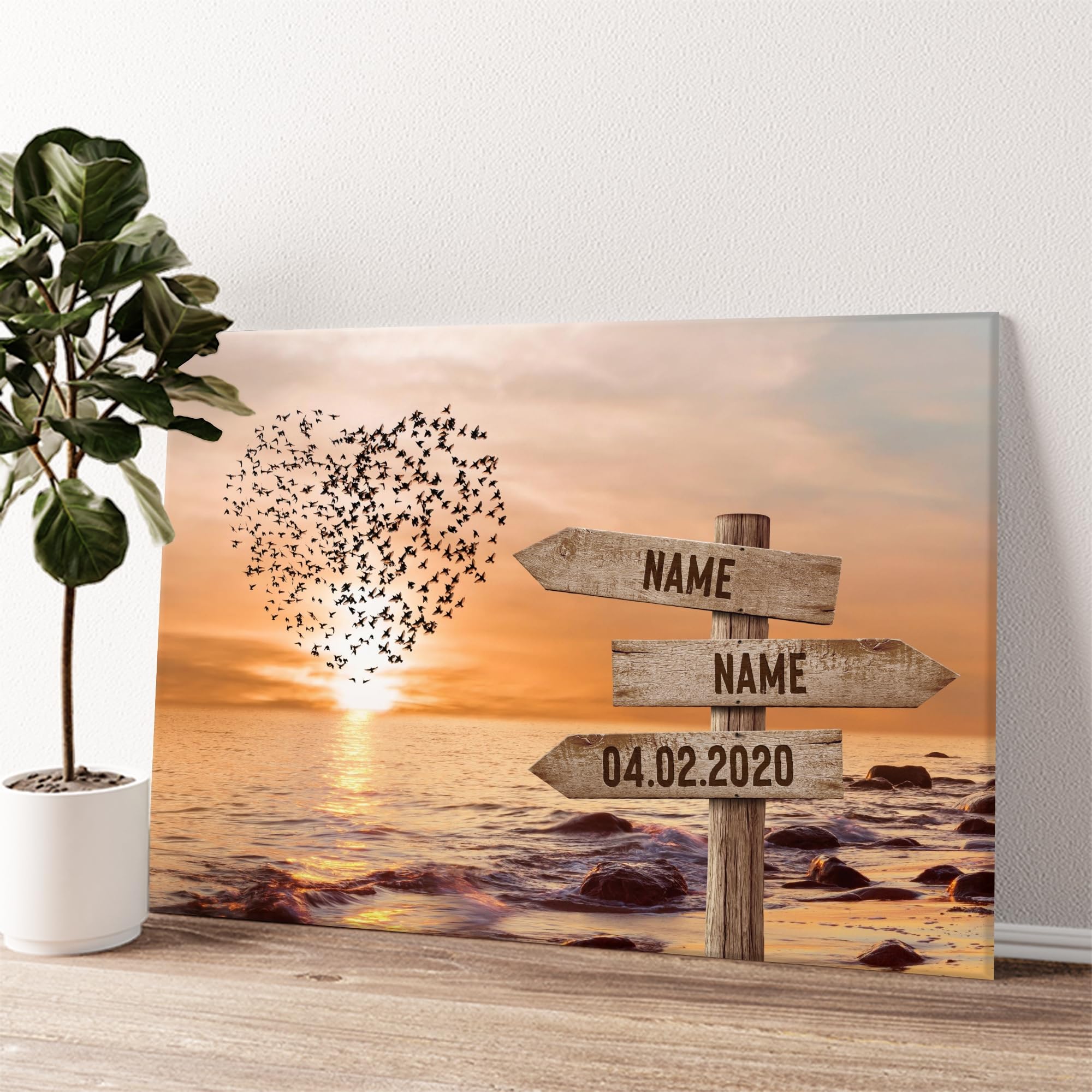 Liebesleinwand Das sind wir Leinwand: Sonnenuntergangsliebe | Leinwandbild mit Namen und Datum | Wandbild gestalten | Jahrestag Geschenk für Frau Freundin Mann Freund