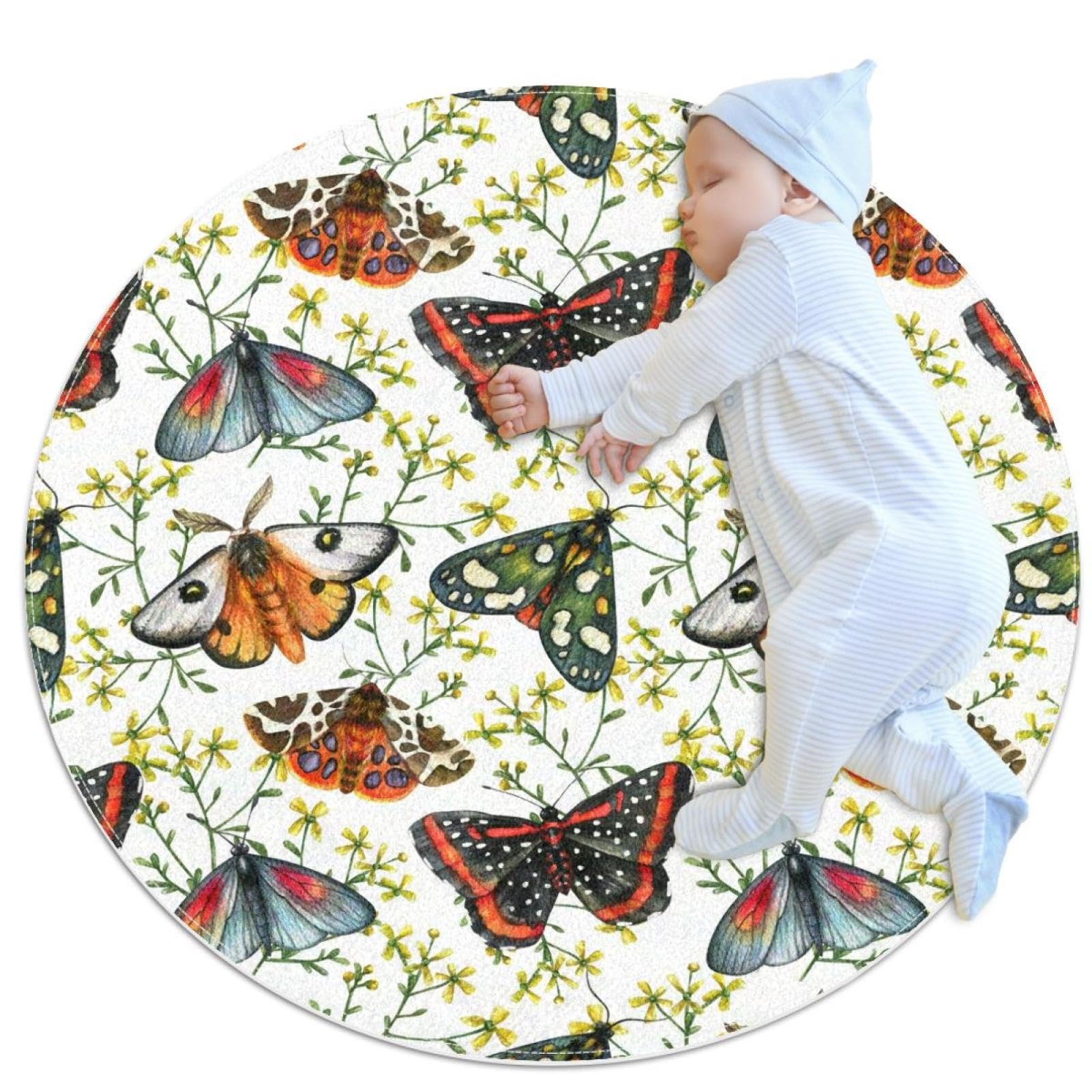 Tapis de salle de bain rond 1m aquarelle papillon motif fleurs camomille