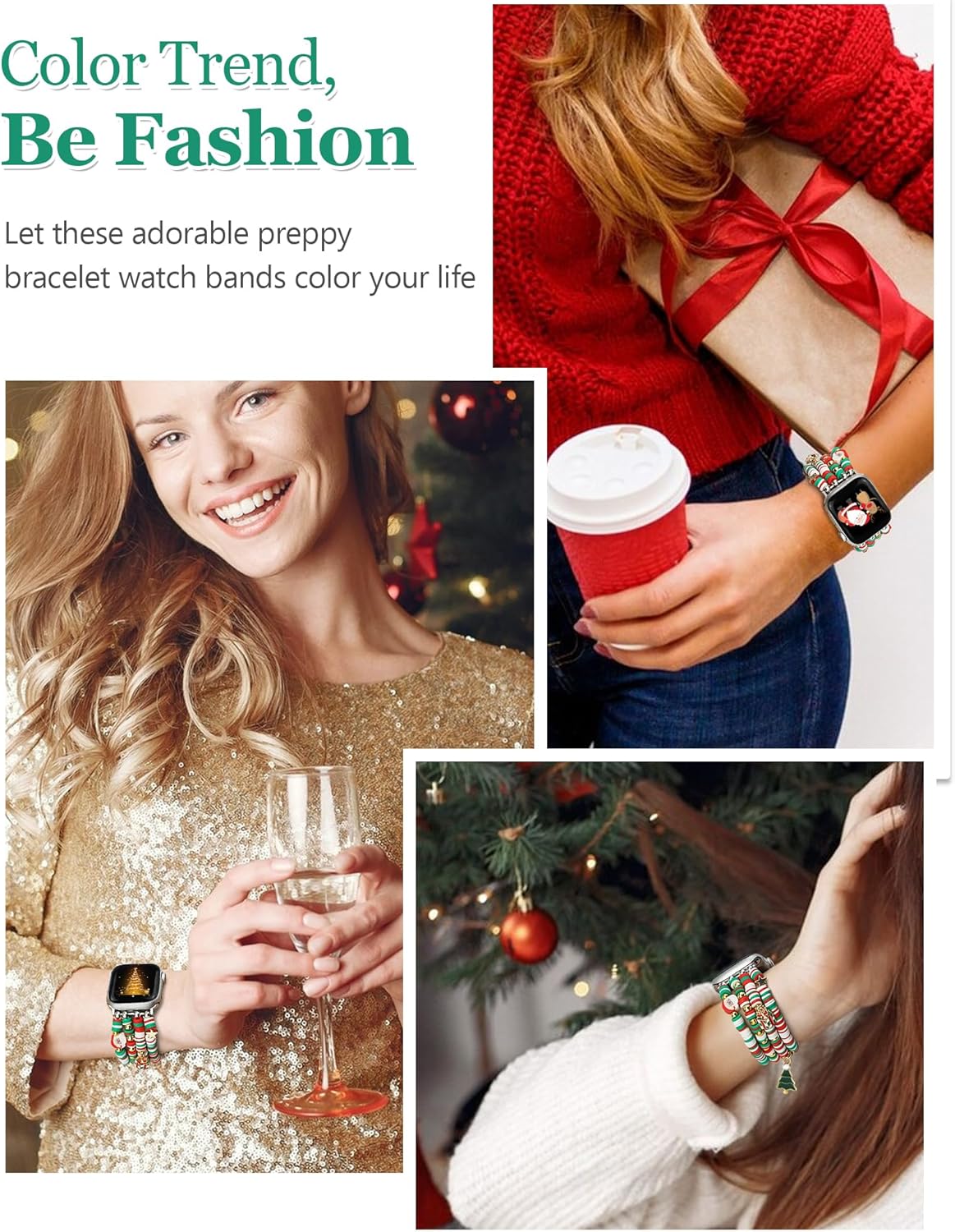 Christmas Beaded Bracelet Band Women Compatible with Apple Watch 42mm(S3/2/1) 44/45/46/49mm Cute Preppy Handmade Elastic Stretch Strap for iWatch Series 11/10/9/8/7/6/5/4/3/2/1/SE/Ultra (M)
