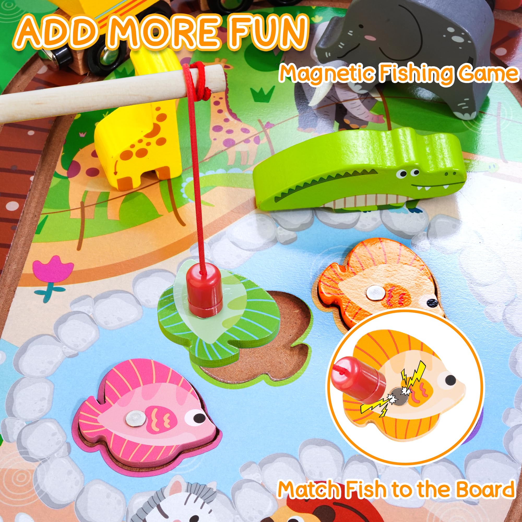 Juego de tren de madera para llevar, fiestas temáticas de zoológico, juego de pesca magnético, juego de apilamiento de animales, juguete de tren portátil para viajar, regalo para niños de 2 3