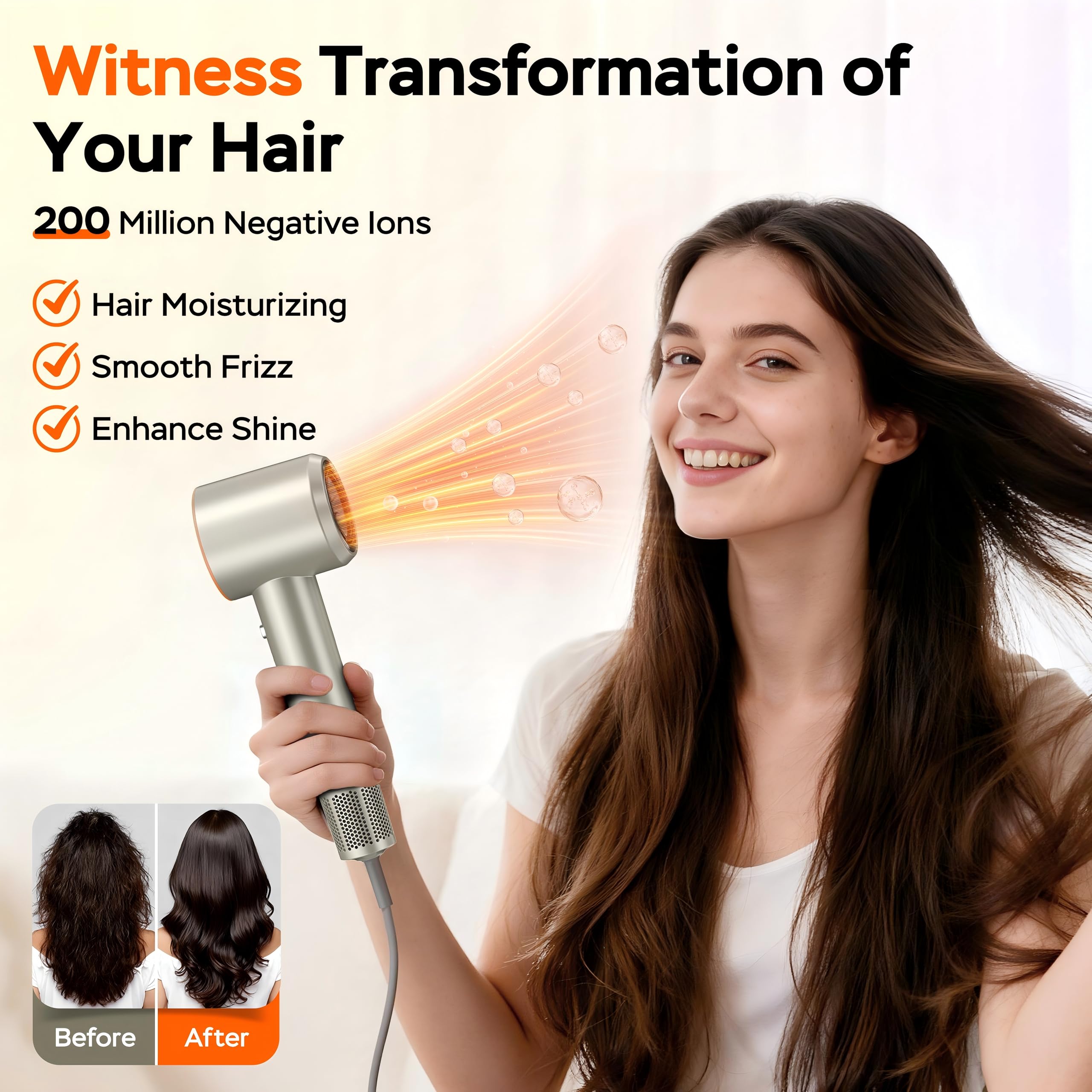 Hair Dryer Ionic, High Speed Blow Dryer 1600W Fast Drying Low Noise Portable Lightweight Professional Hairdryer 4 Heat Settings with Concentrator Nozzle Attachment for Women Men Travel Home