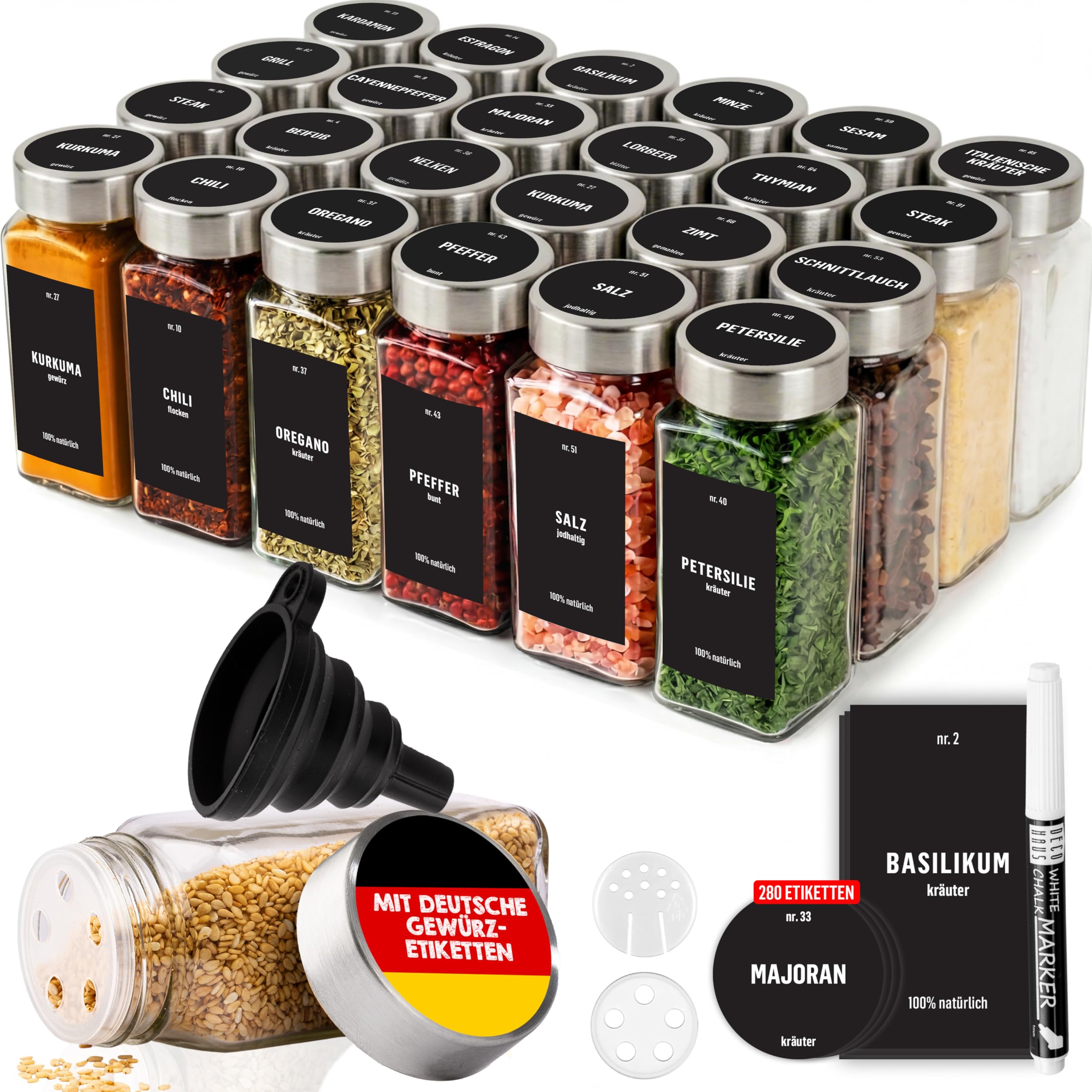 Deco haus® Gewürzgläser eckig luftdicht 24er Set [inkl. Etiketten & Streueinsatz] - Gewürzdosen Set Glas - Gewürzbehälter Spice Jars - Gewürze Aufbewahrung - Gewürz Organizer - Gewürzaufbewahrung