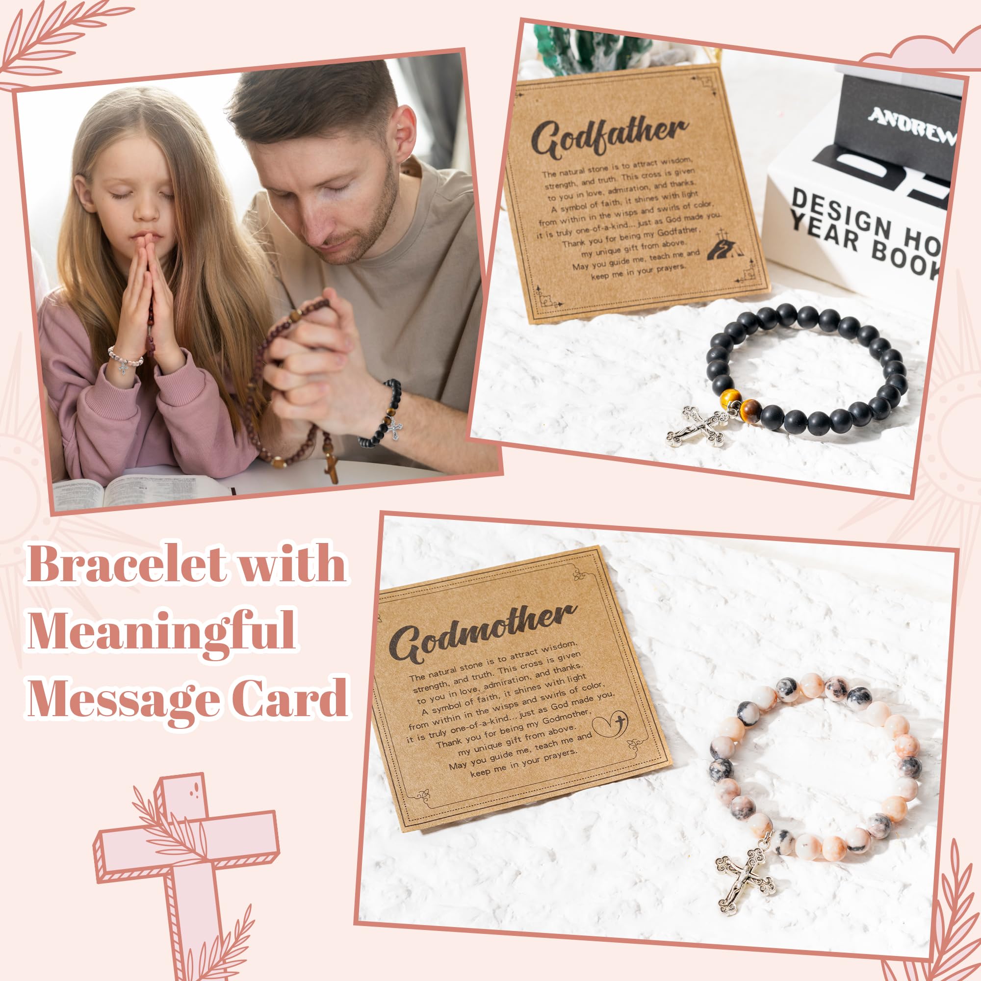 CJiangpo Natural Stone Cross Bracelet for Godparents, Christian Religious Cross Beaded Bracelets Godmother Godfather Proposal Gifts Catholic Jewelry for Christmas Baptism Gifts