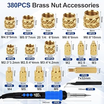390PCS Soldering Iron Heat Set Insert Tool,90W Digital Soldering Iron with 380 PCS Threaded Inserts Nut,6PCS Heat Set Insert Tips,2PCS Soldering Tip Connecting Rods (390PCS)