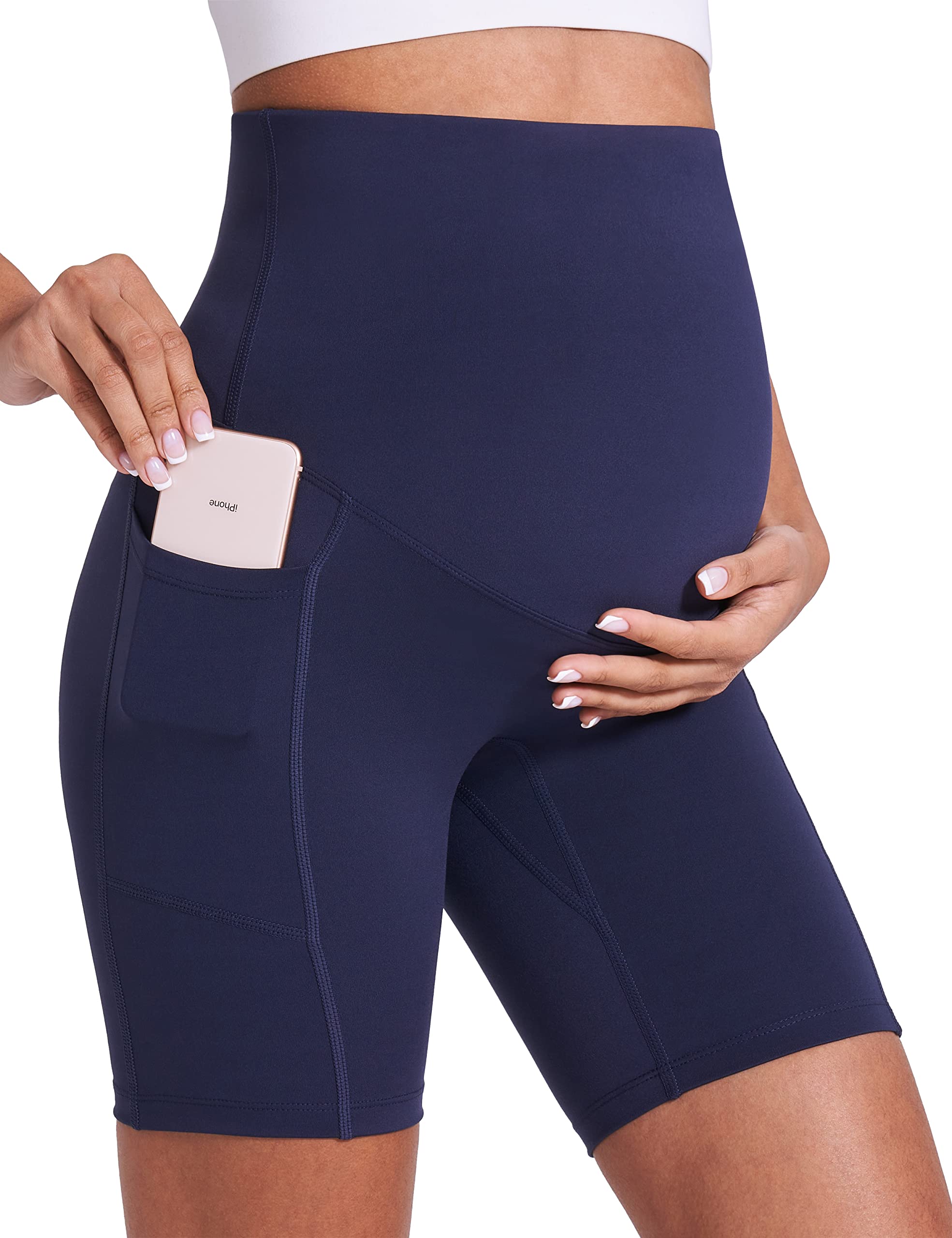 ENERFUL Women's Maternity Yoga Shorts Over The Belly Comfy Biker Workout Active Pregnancy Gym Short Pants with Pockets 8"/5"