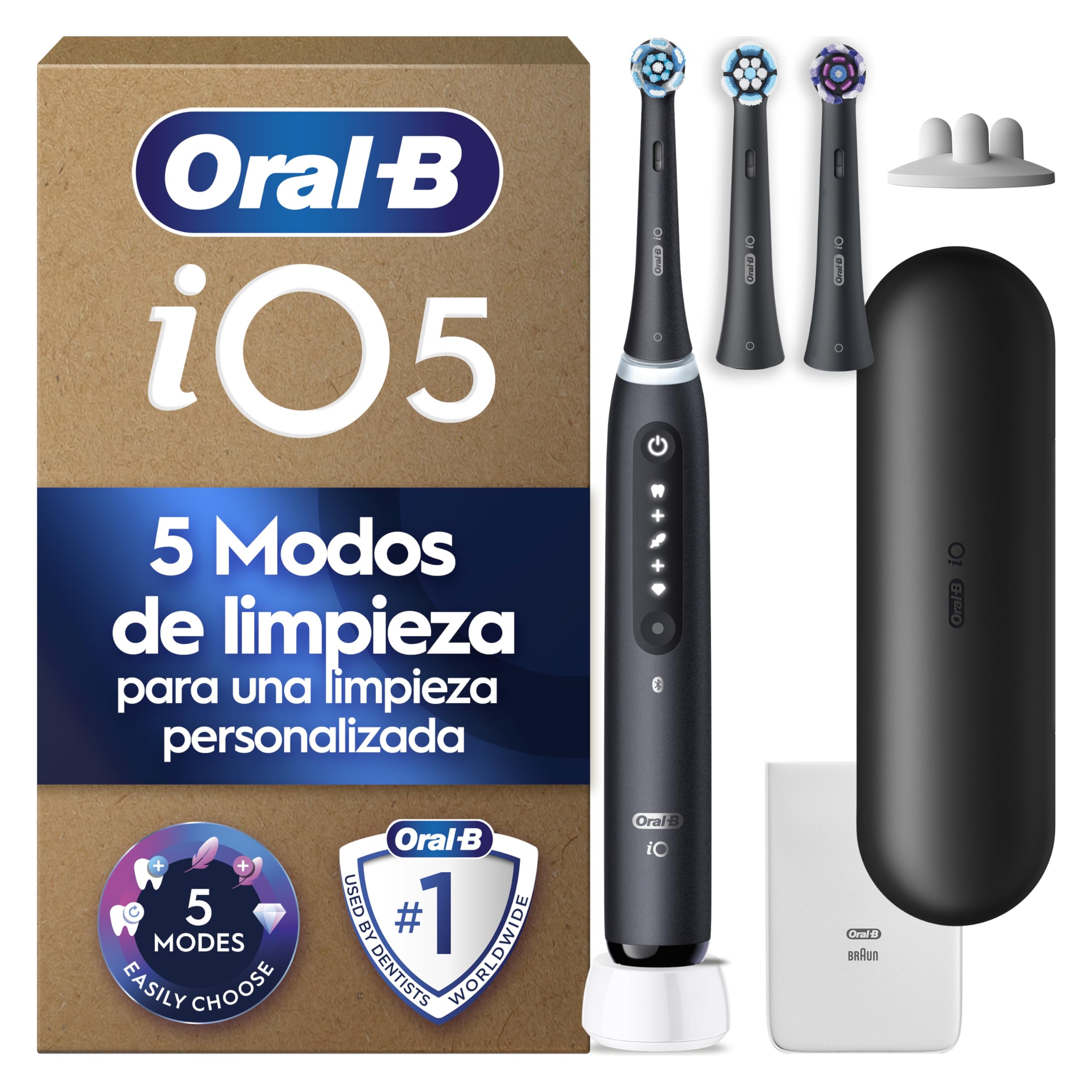 Oral-B iO 5 Electric Toothbrush with 3 Heads and Travel Case, Black – Rechargeable Toothbrush with Pressure Sensor, 5 Brushing Modes with Teeth Whitening
