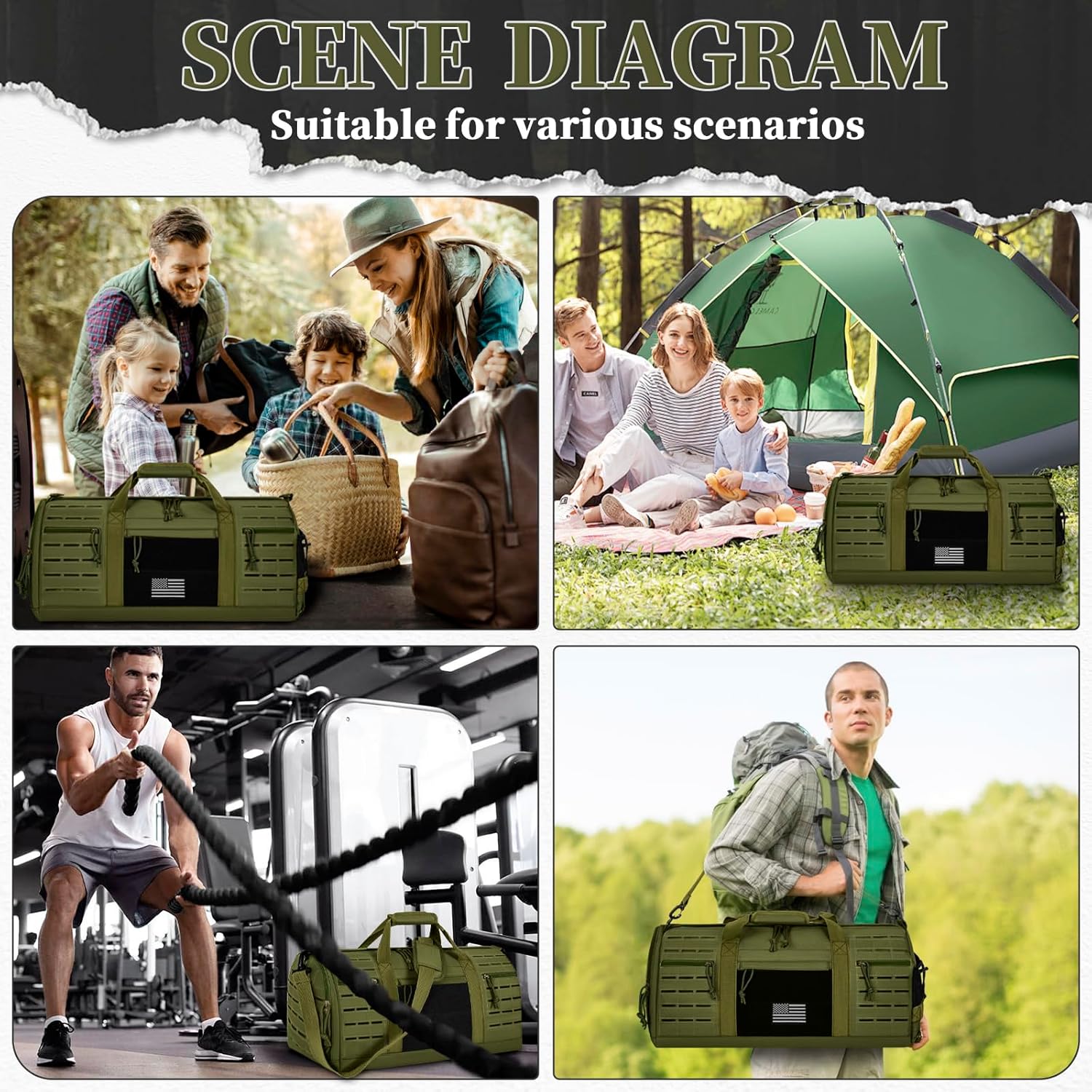 GMAK Military Tactical Duffle Bag for Men, 40L Sports Gym Bag with Shoe Compartment, Carry on Bag Travel Duffle Bag for Weekender Overnight Gym Workout Training Basketball Football, Green - Image 8