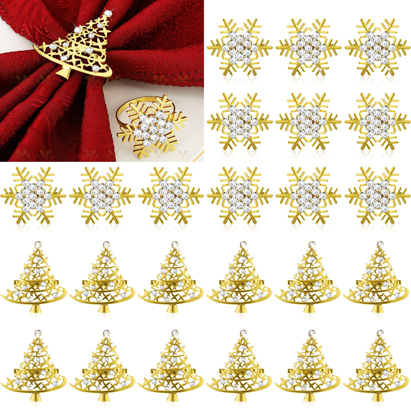 Lot de 24 ronds de serviette de Noël en vrac en forme de flocon de neige et sapin de Noël avec strass pour décoration de table de Noël et de mariage (doré)