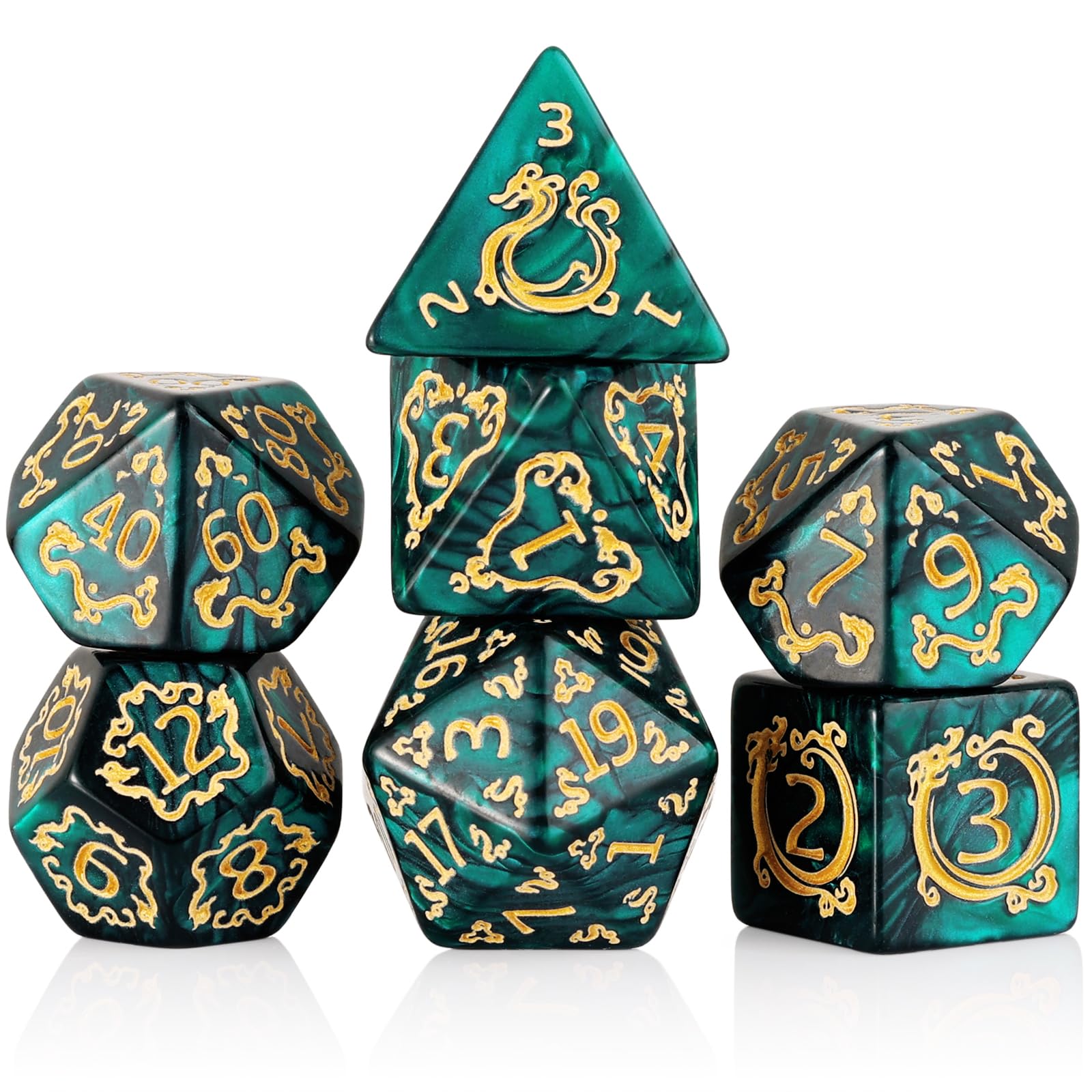 DND Dice Set - 7 Polyhedral Role Playing Dice with Gold Dragon Design, Acrylic D&D Dice Perfect for Dungeons and Dragons, Pathfinder, Warhammer, RPG